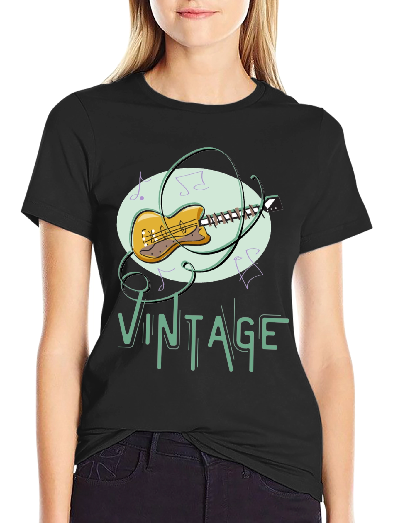 Black Vintage Guitar Music T-Shirt view 2