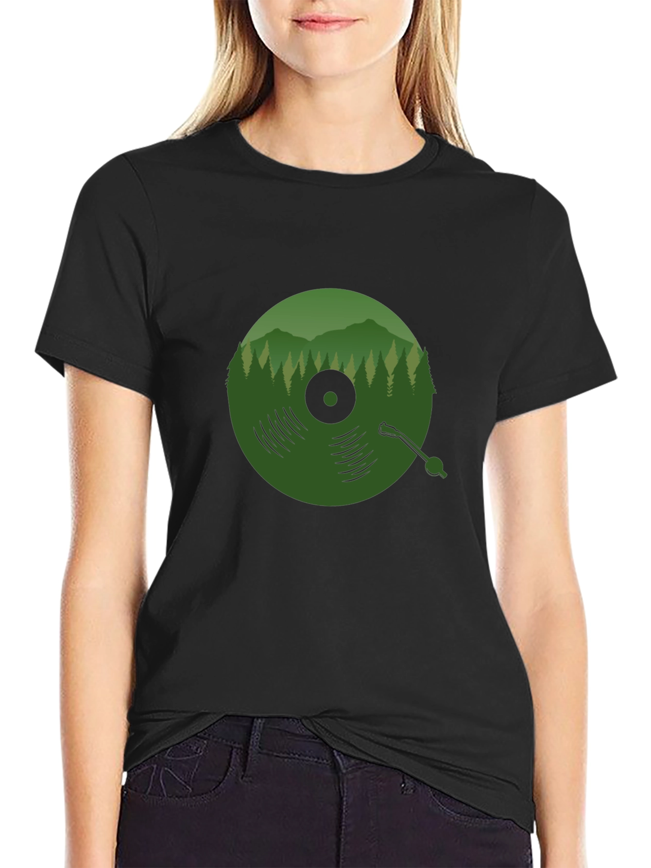 Black Green Vinyl Record Forest T-Shirt view 2