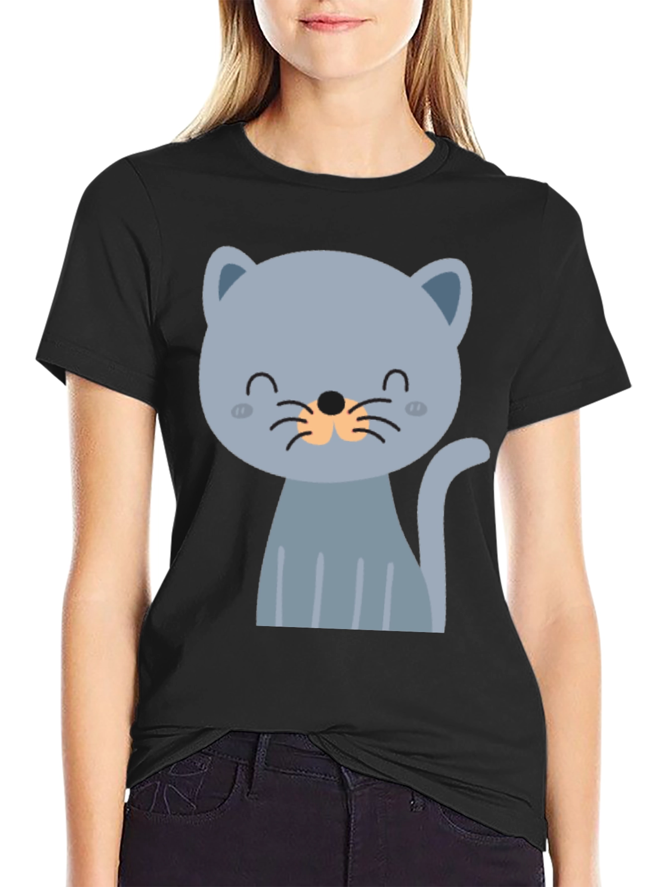 Black Cute Cartoon Cat Graphic T-Shirt view 2