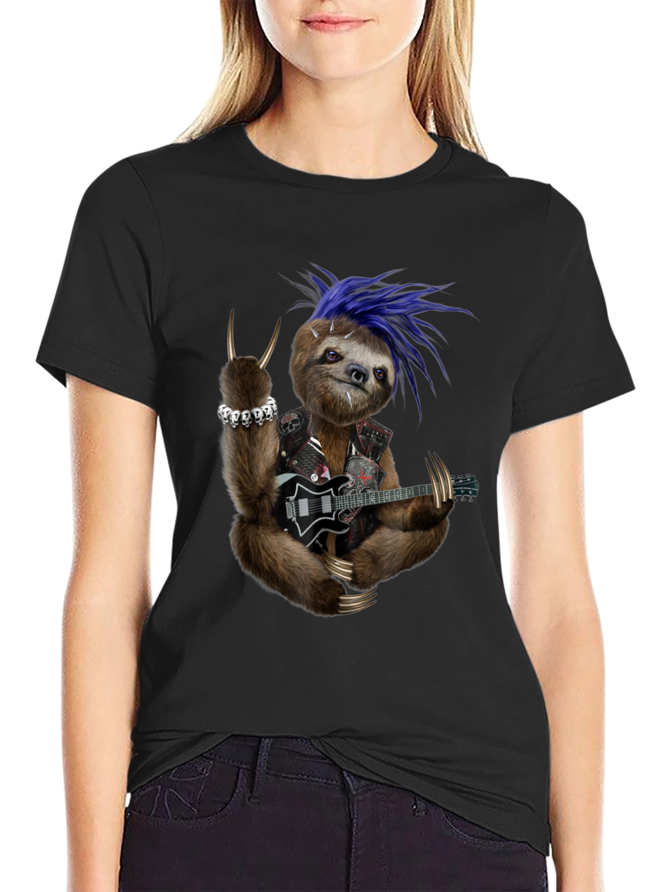 Black Rocking Sloth T-Shirt - Heavy Metal Animal Tee view 2