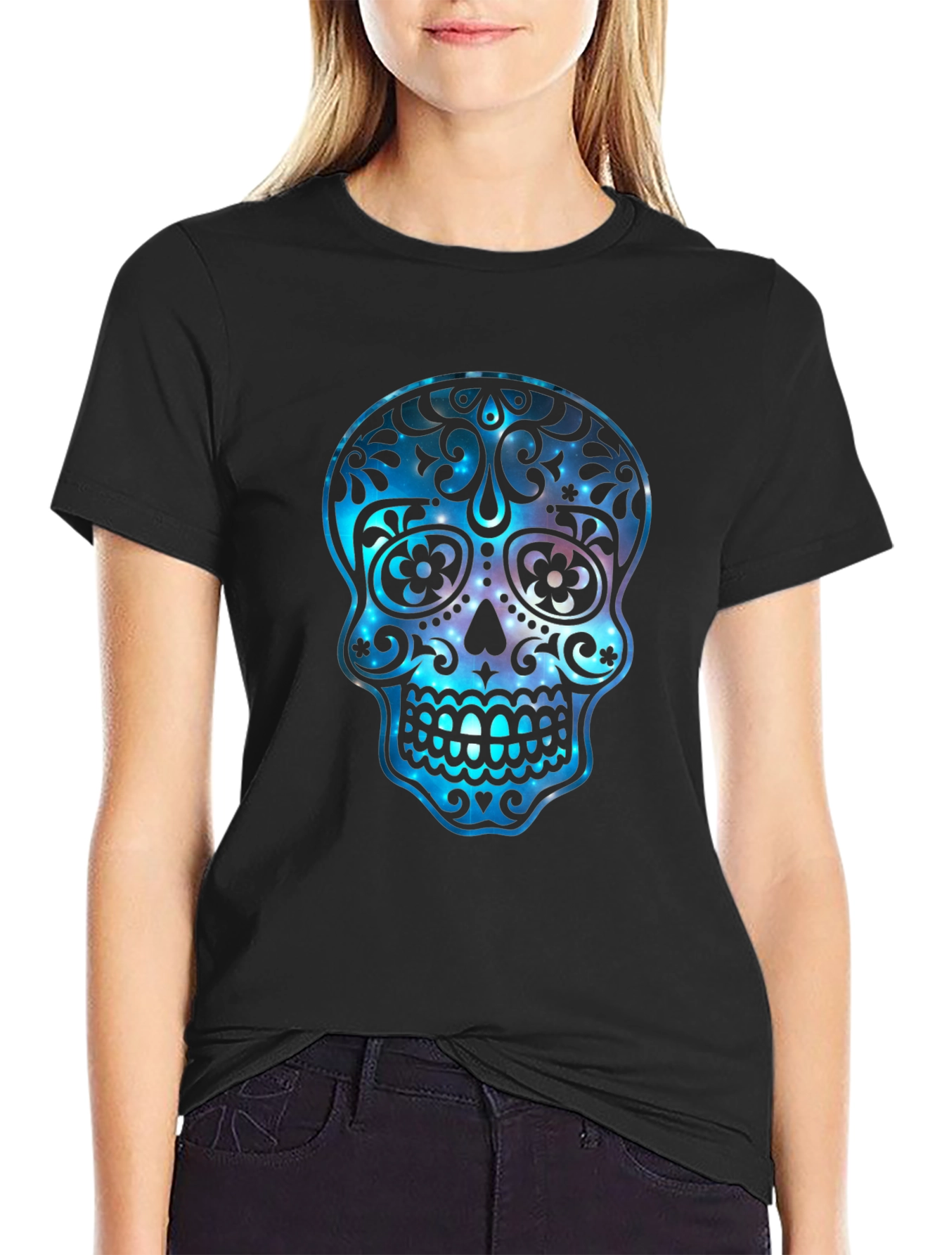 Black Sugar Skull Galaxy Graphic T-Shirt view 2