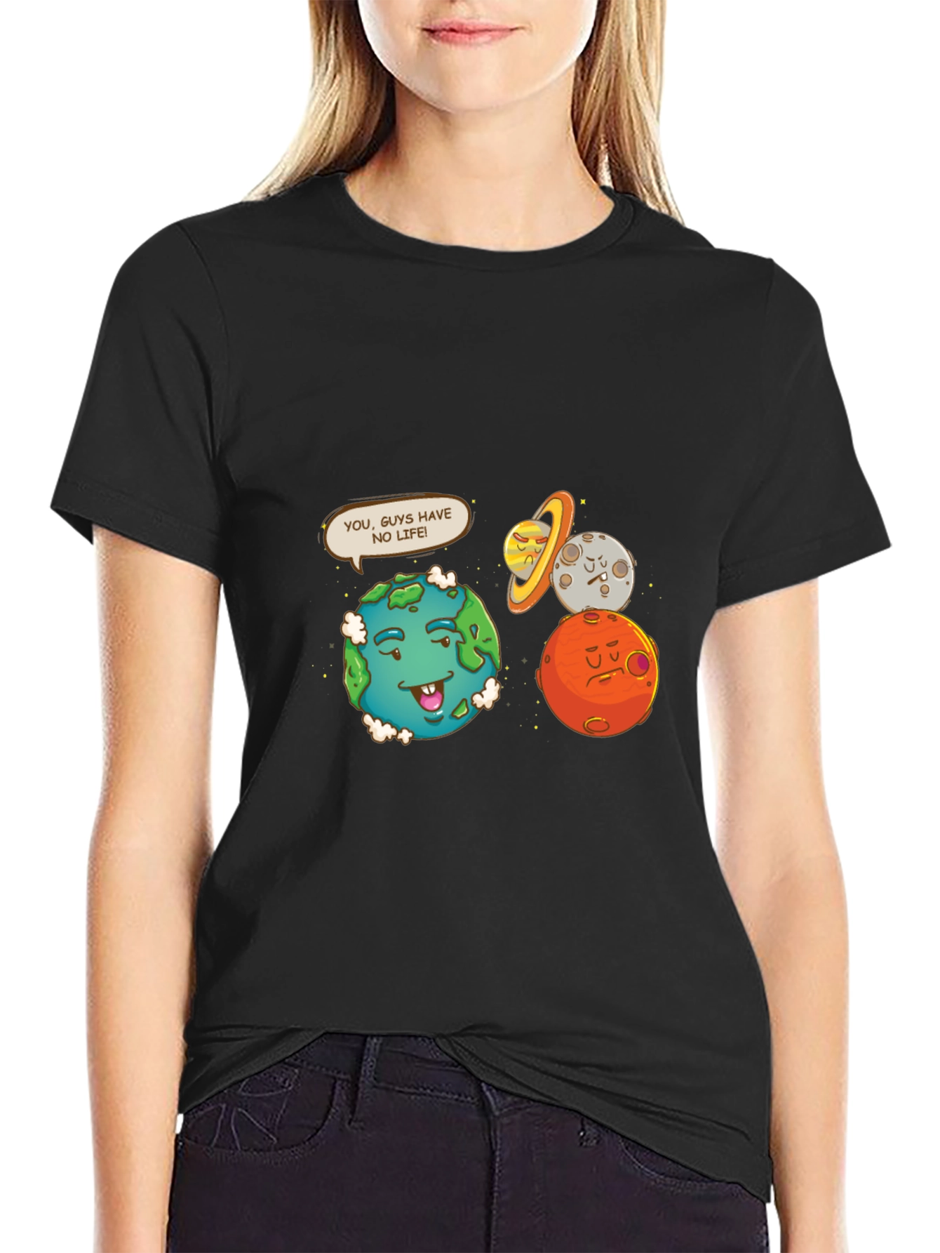 Black Funny Planet Graphic Tee - No Life Earth Cartoon view 2