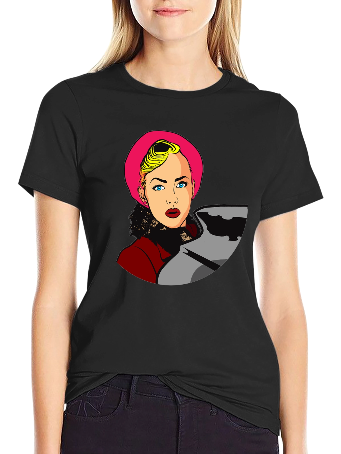 Black Pop Art Woman Graphic Black T-Shirt view 2