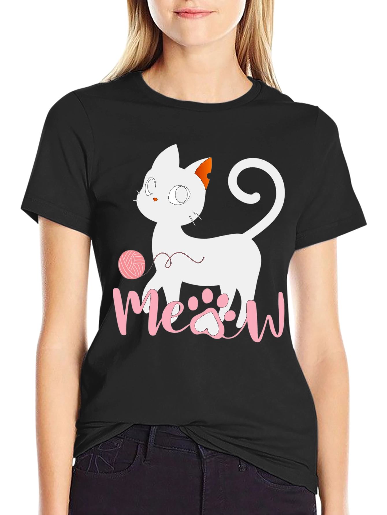 Black Cute Cat Meow T-Shirt - Fun Graphic Tee view 2