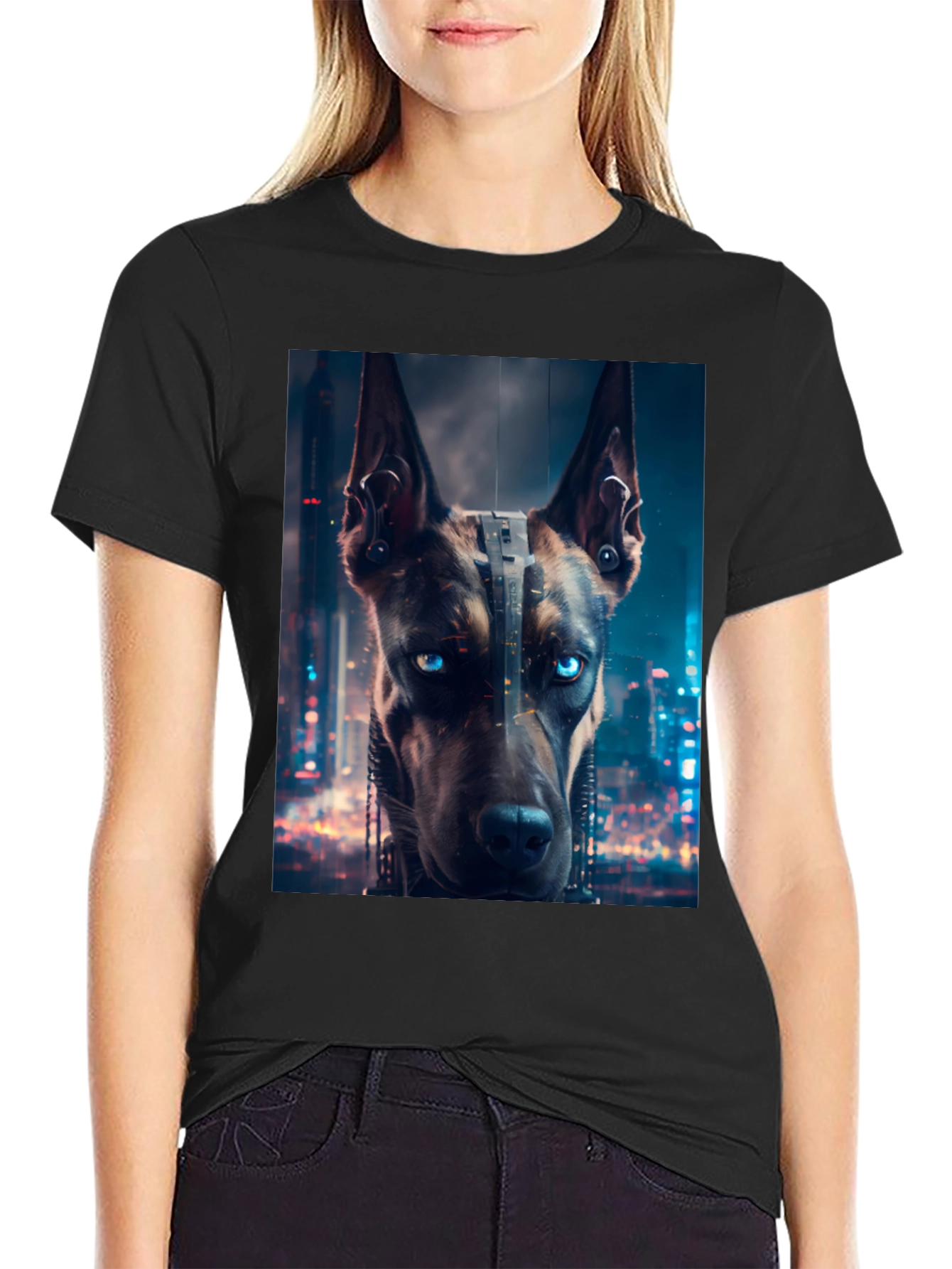 Black Cyberpunk Doberman T-Shirt - Urban Style view 2