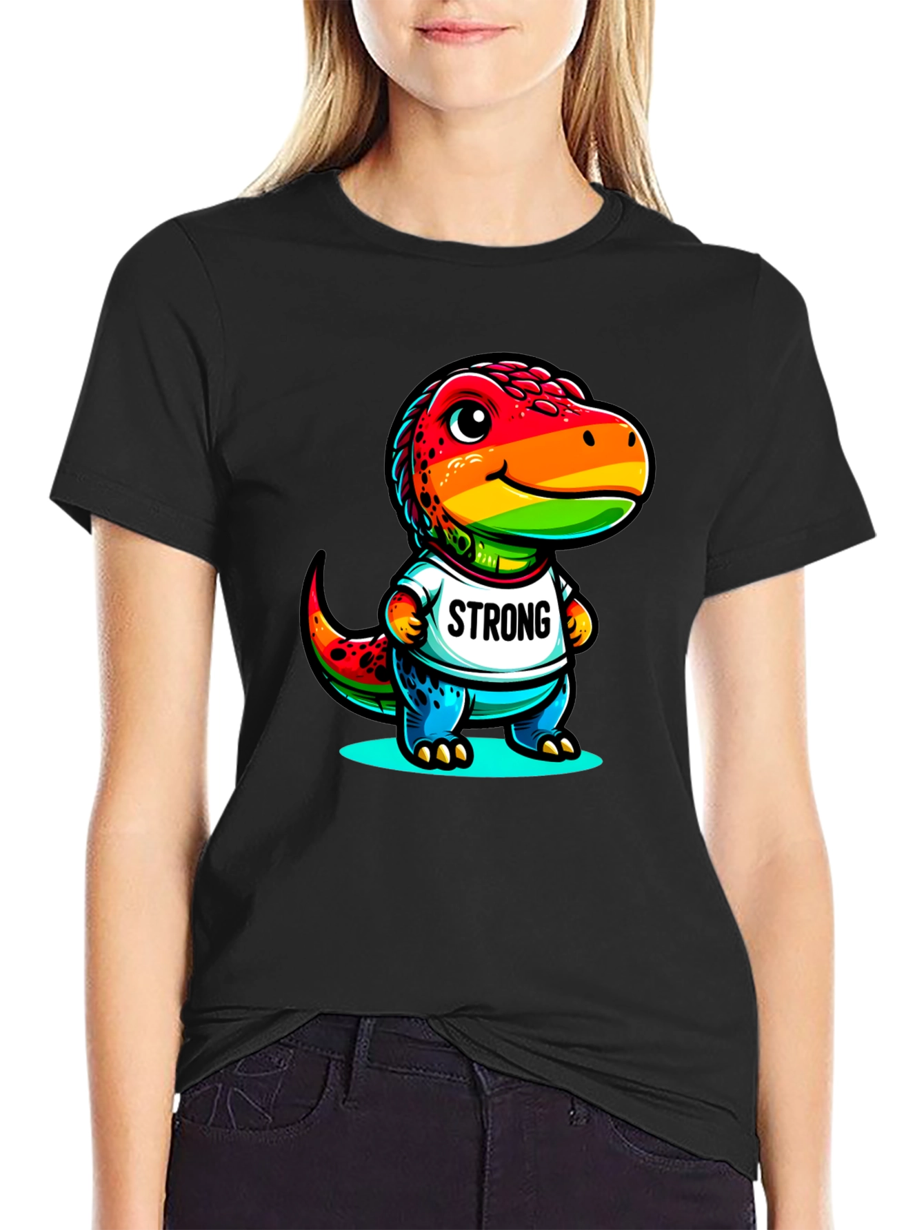 Black Rainbow Dinosaur Strong T-Shirt view 2