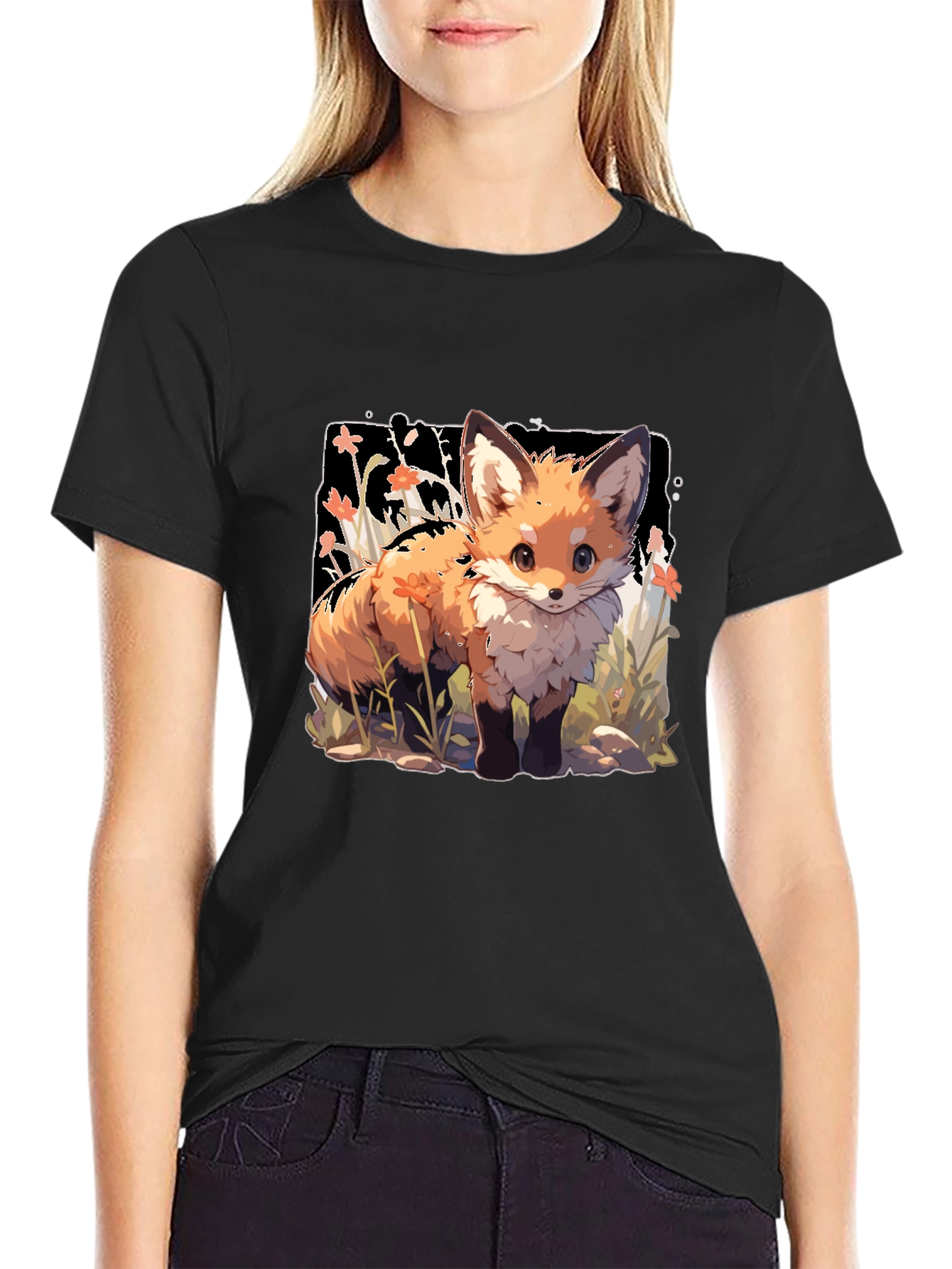 Black Cute Fox Graphic Tee - Stylish Animal Lover Shirt view 2