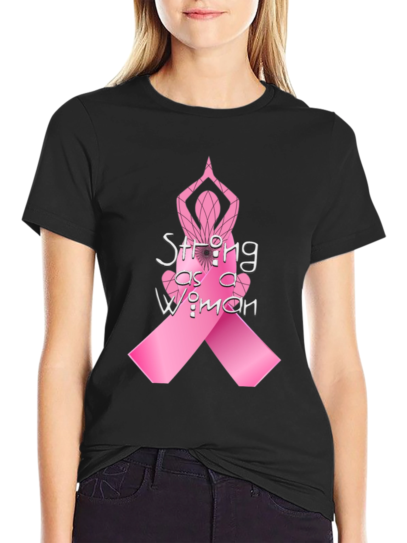 Black Strong as a Woman Breast Cancer Awareness T-Shirt view 2