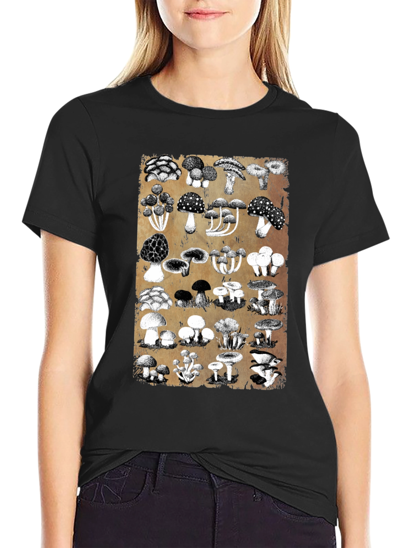 Black Mushroom Print Black T-Shirt - Nature Lover's Tee view 2