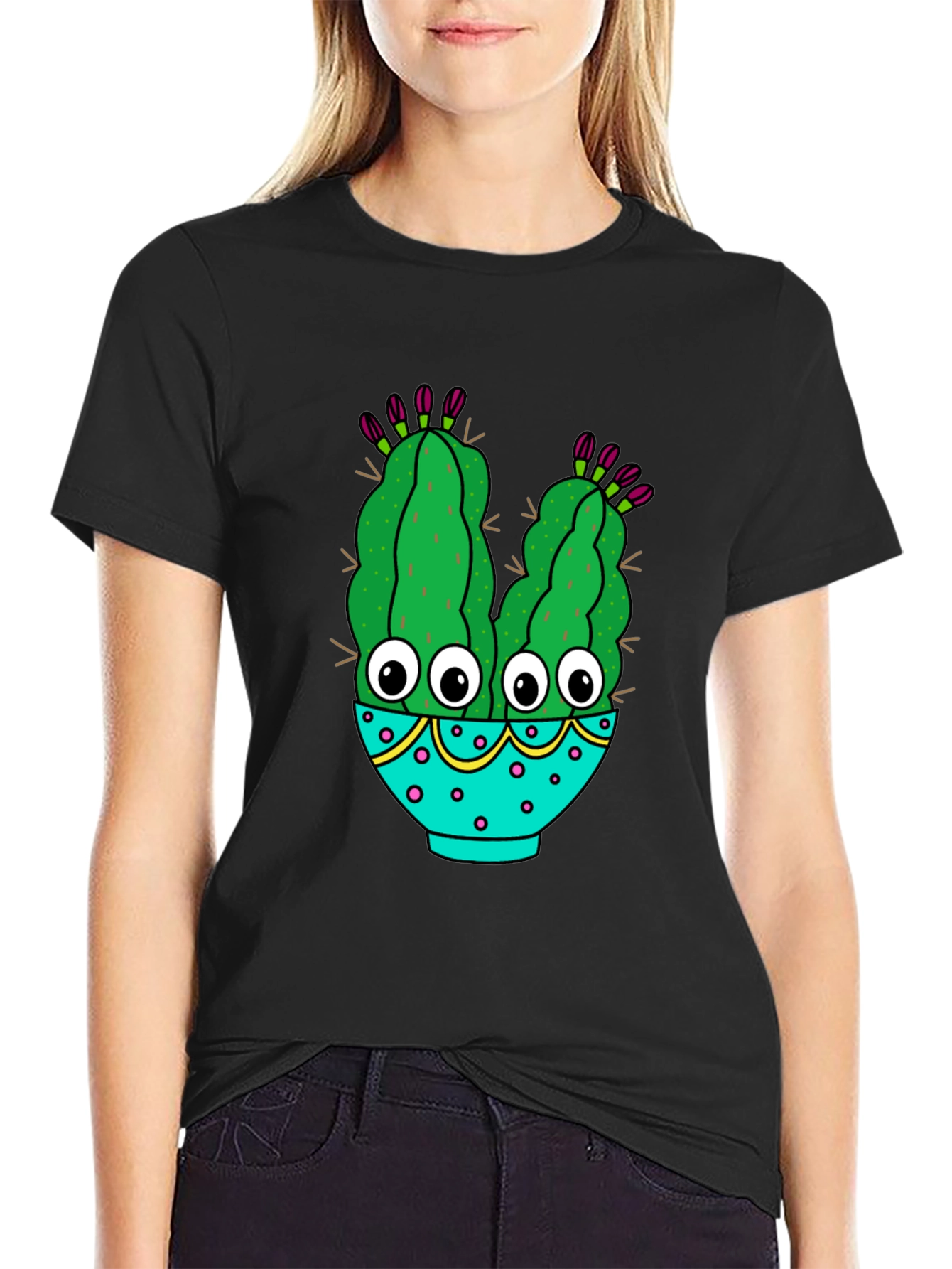 Black Funny Cactus Graphic T-Shirt - Black Cotton Blend view 2