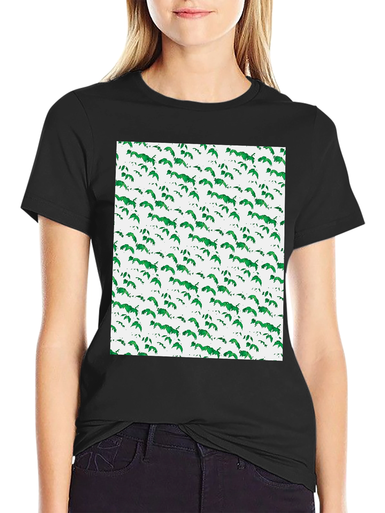 Black Green Leaf Pattern Black T-Shirt view 2