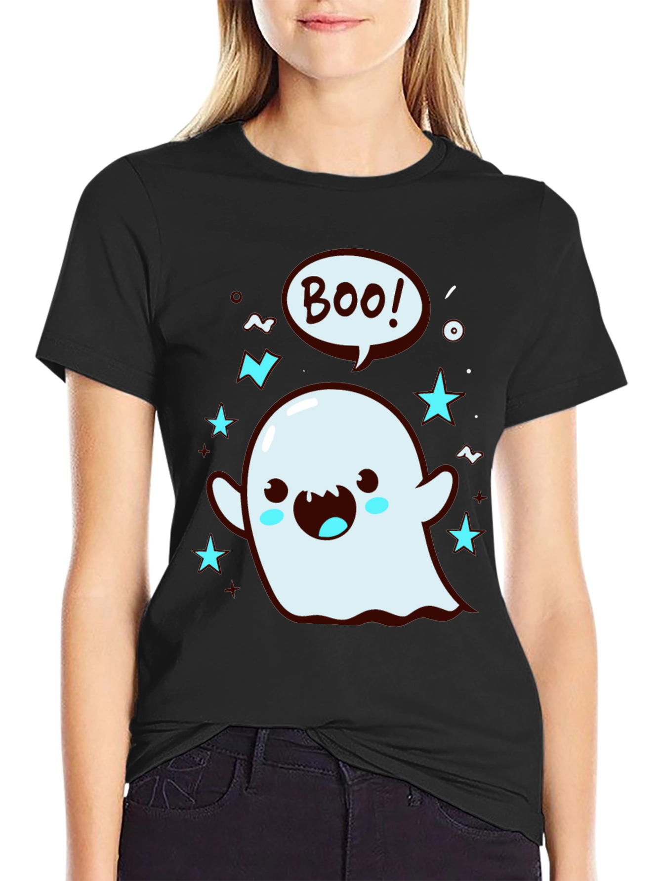 Cute Ghost Boo Graphic Tee - Black T-Shirt - 2