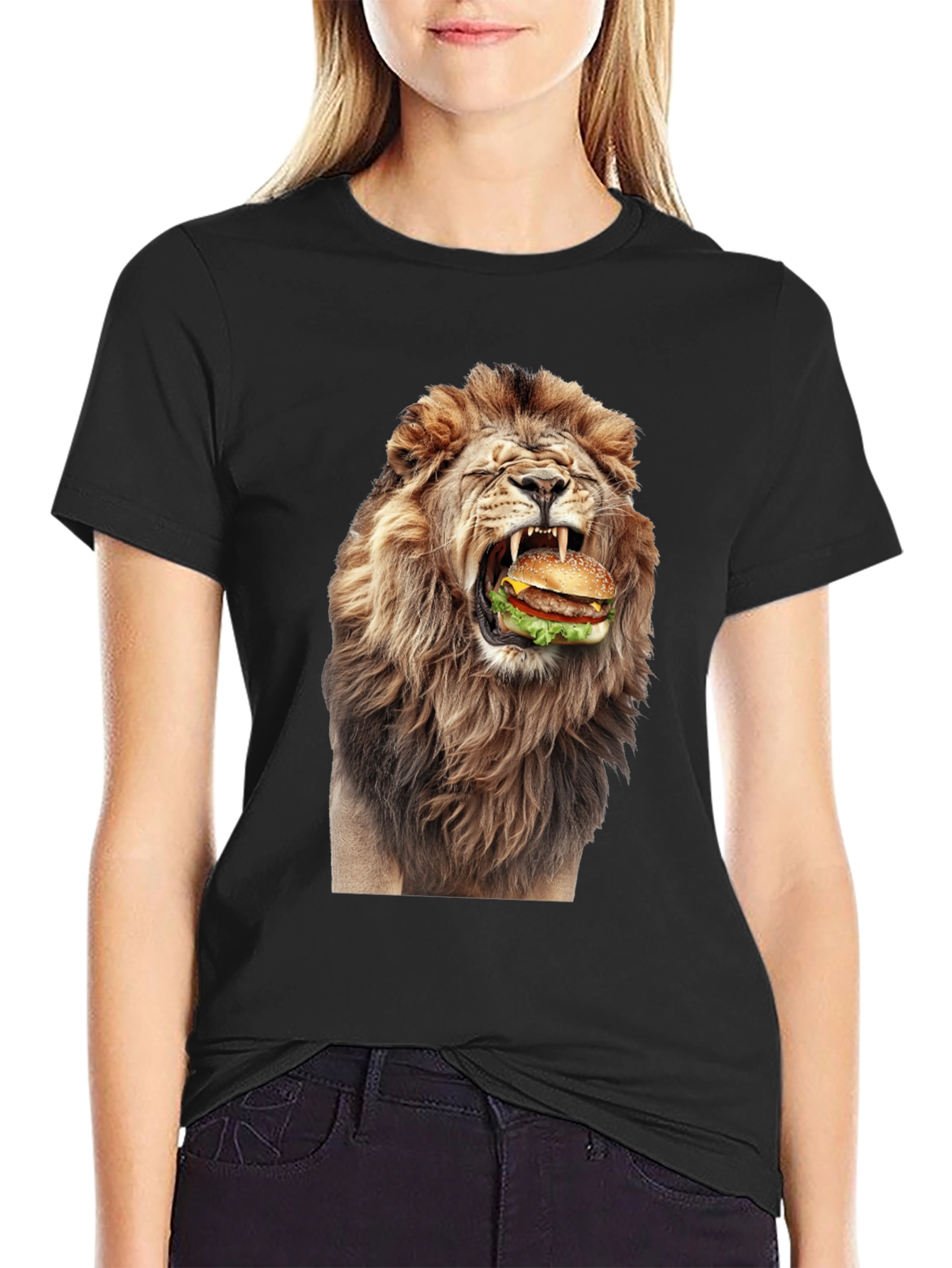 Black Lion Eating Burger Graphic T-Shirt - Black view 2