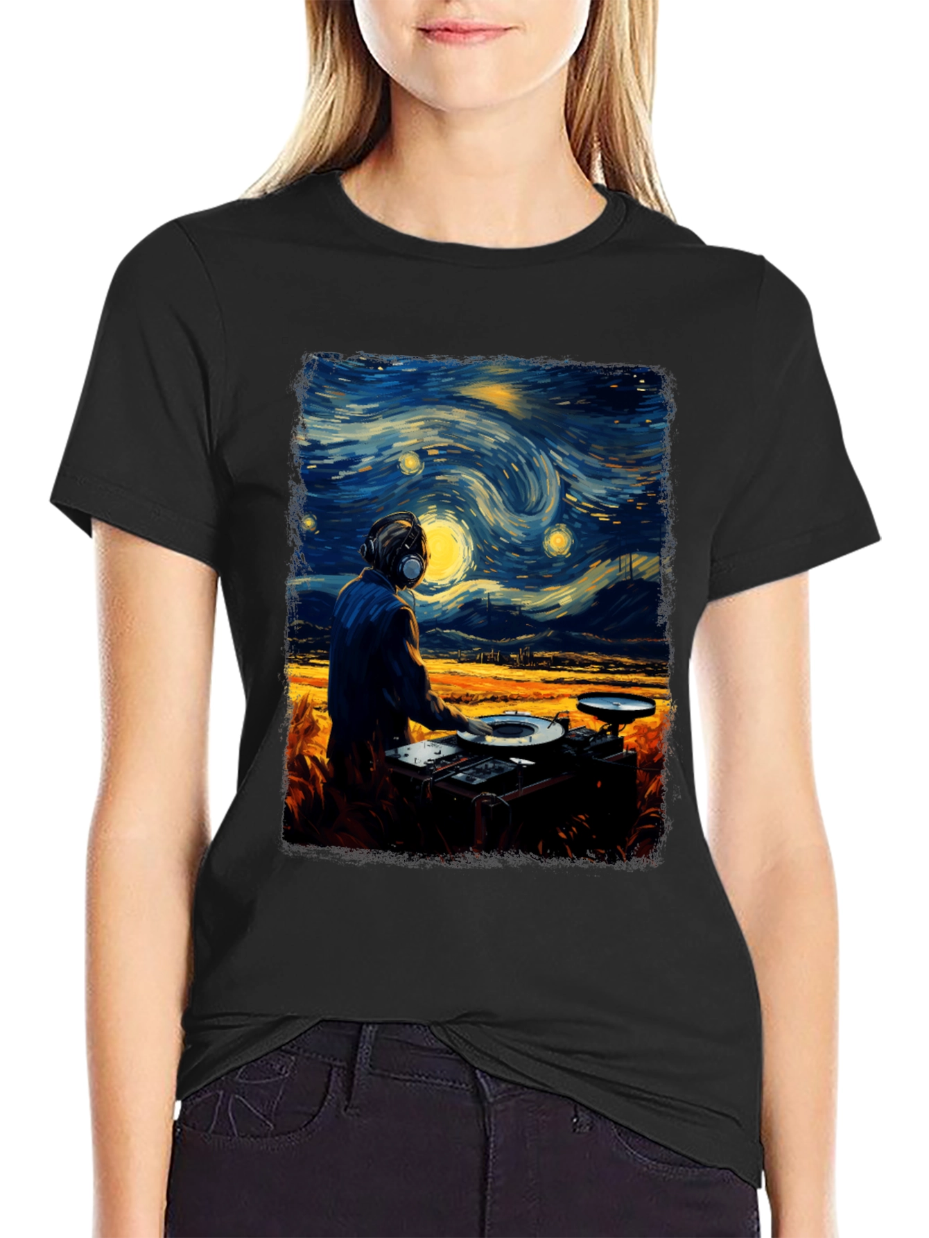 Black Starry Night DJ Graphic Tee - Cool Music Lover Shirt view 2