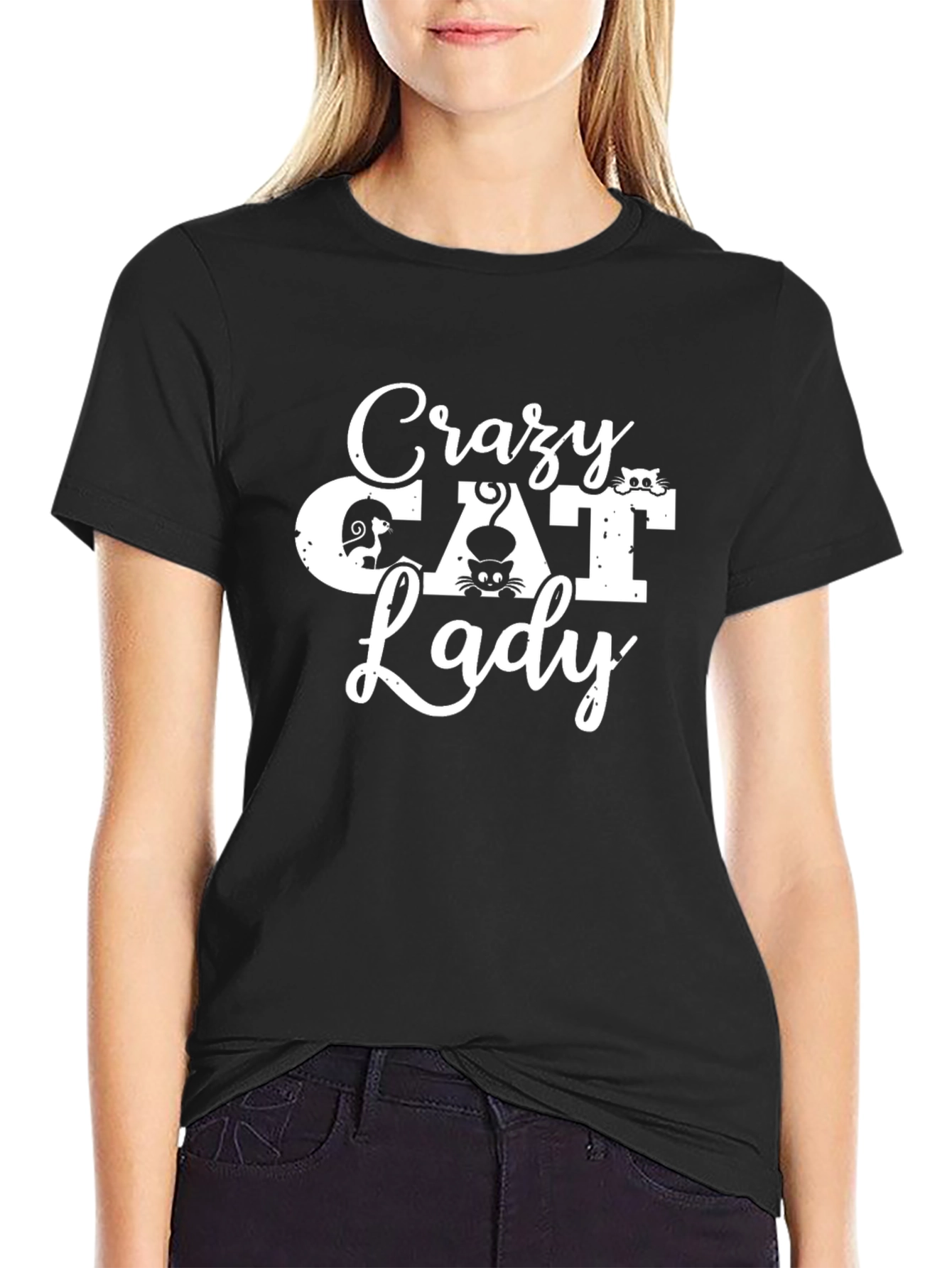 Black Crazy Cat Lady Graphic T-Shirt - Soft Cotton Tee view 2