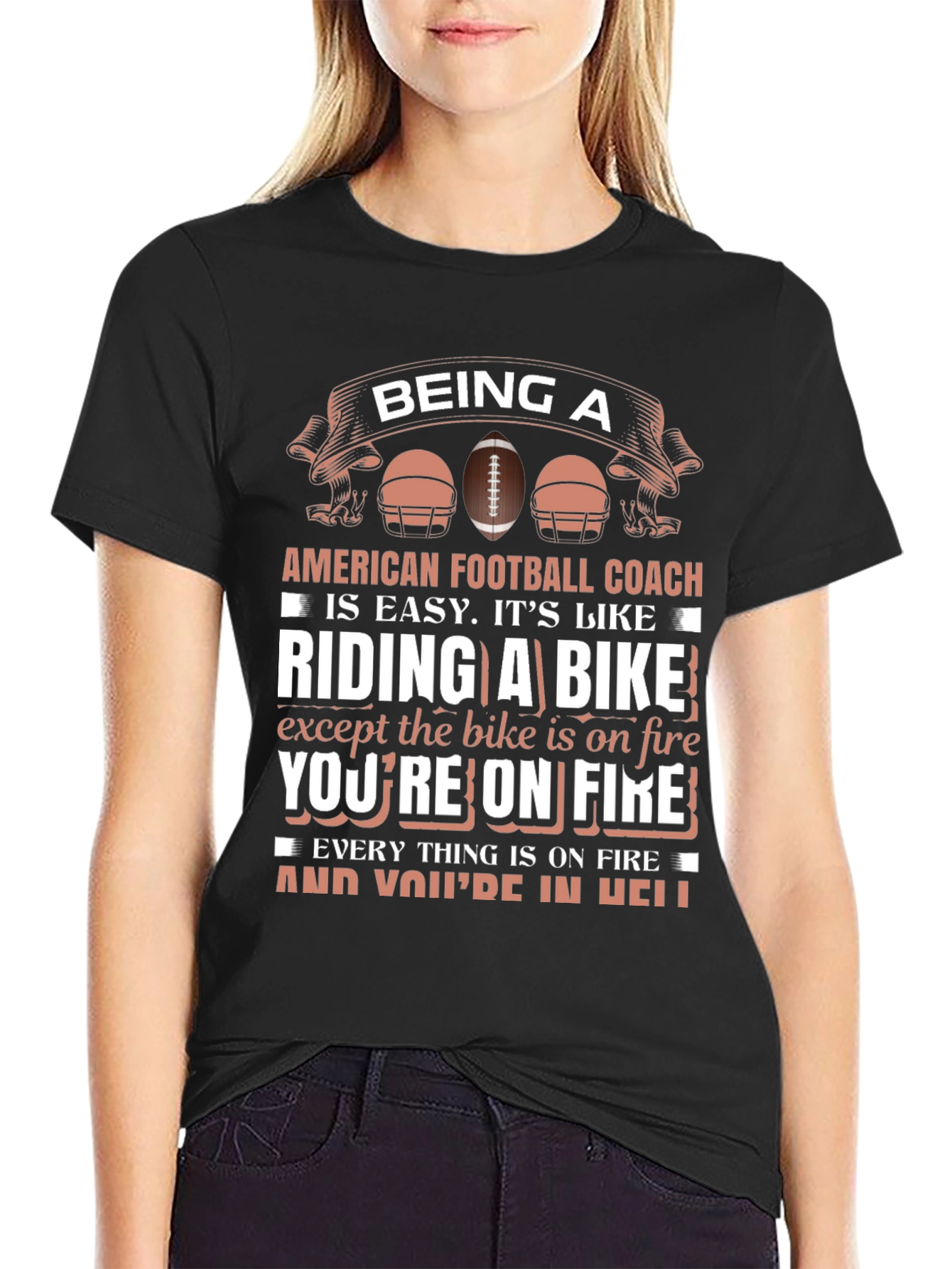 Black Football Coach T-Shirt: Riding a Bike on Fire view 2