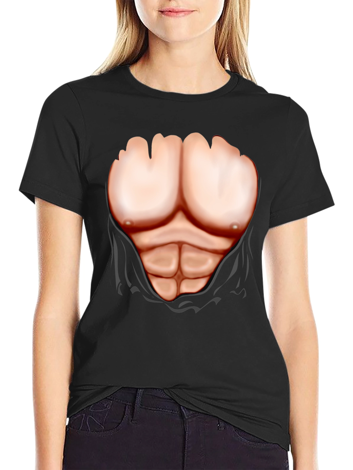 Black Muscle Chest Print T-Shirt - Black Novelty Tee view 2