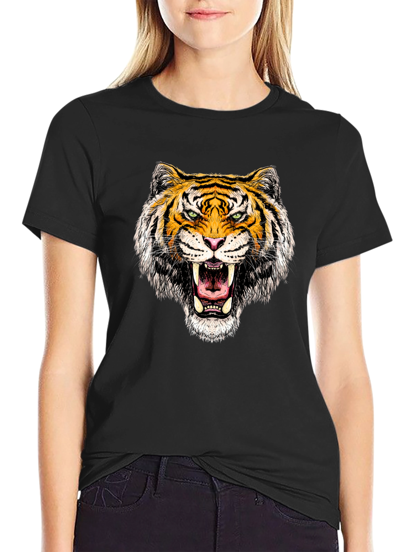 Black Roaring Tiger Graphic Tee - Black Cotton T-Shirt view 2