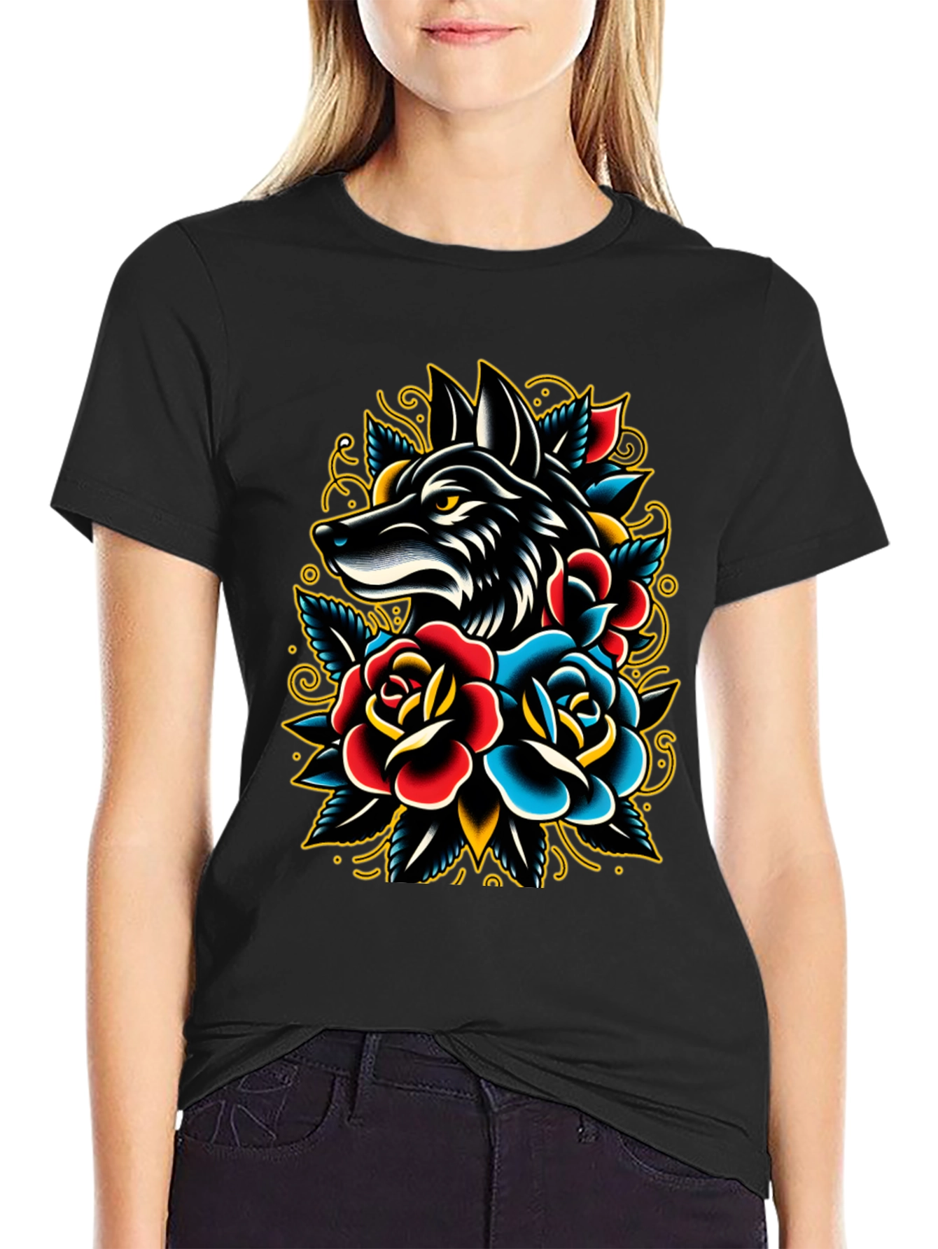 Black Wolf & Roses Graphic Tee - Classic Tattoo Style view 2