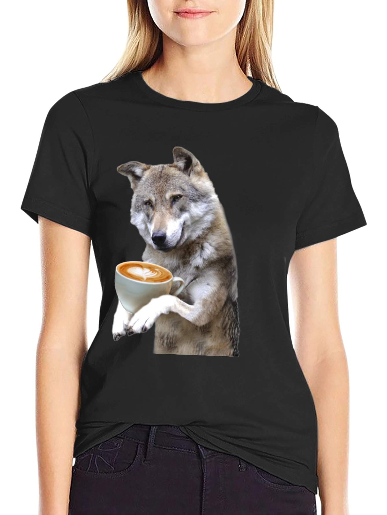 Black Wolf Drinking Coffee Graphic Tee view 2