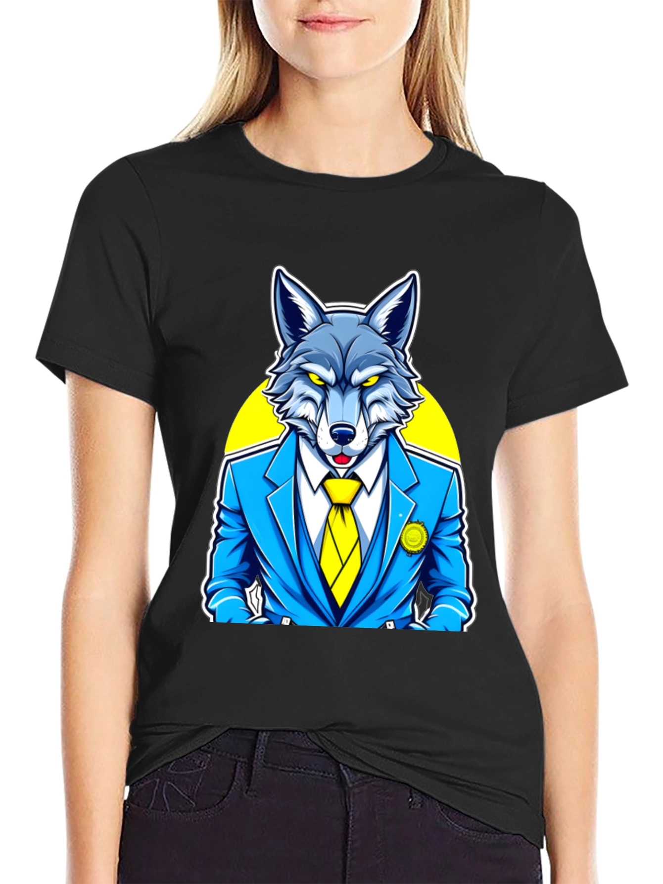 Black Wolf in Suit Graphic Tee - Cool Animal Cartoon Shirt view 2