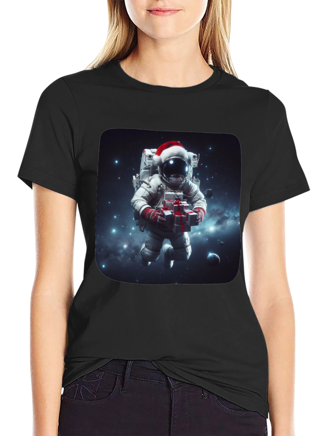 Black Festive Astronaut T-Shirt - Holiday Space Gift view 2