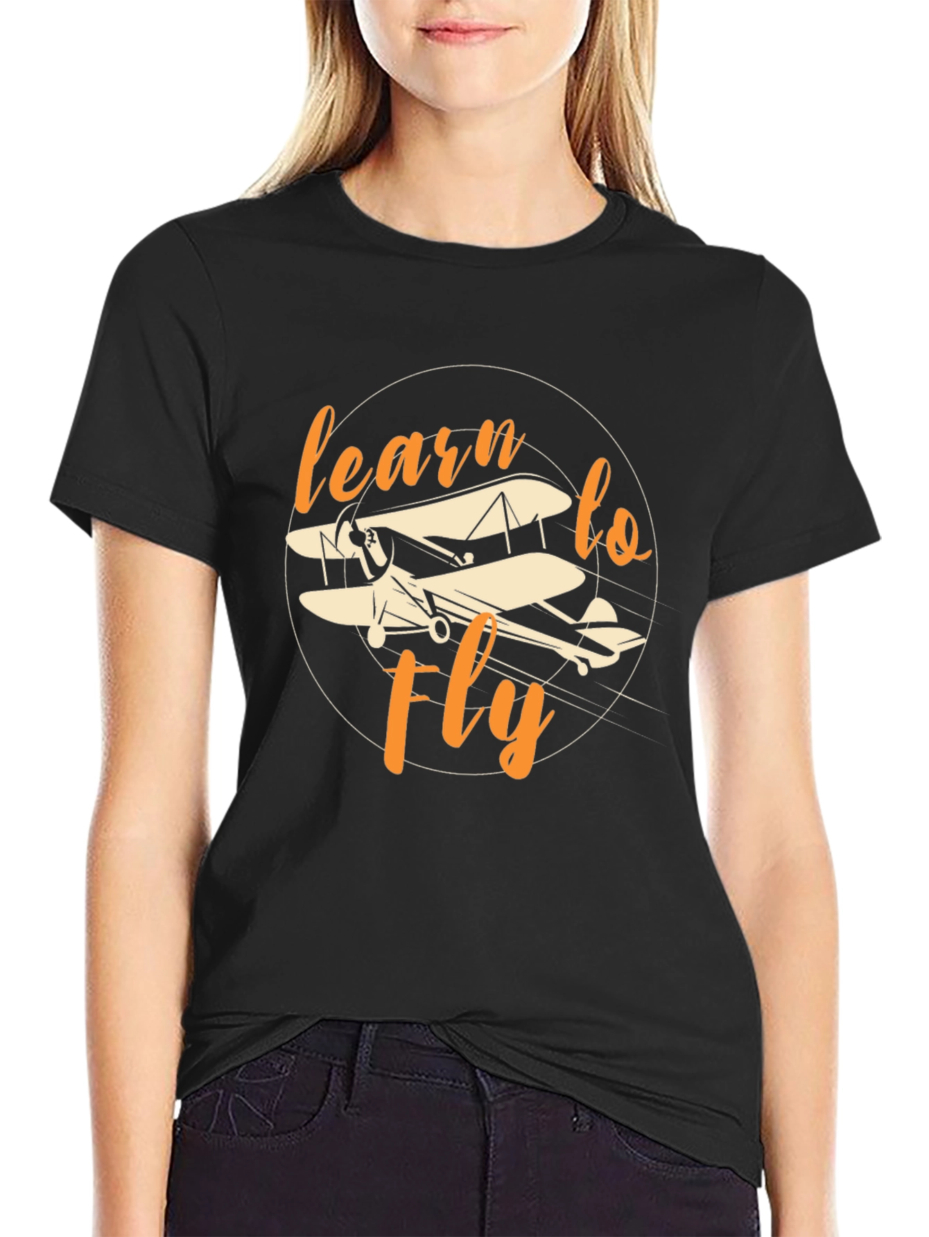 Black Learn to Fly Vintage Biplane Graphic T-Shirt view 2
