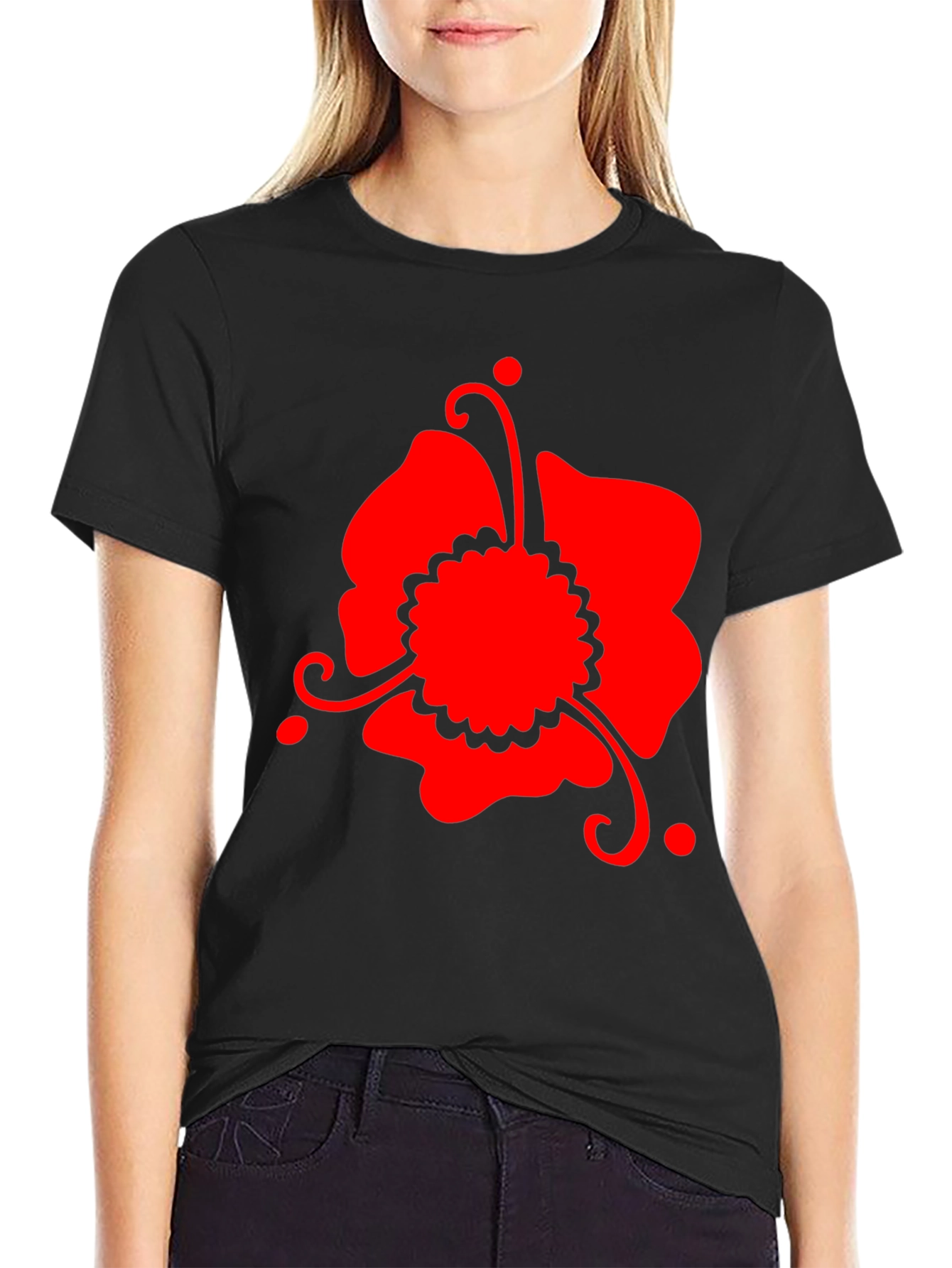 Black Red Floral Graphic Black T-Shirt view 2