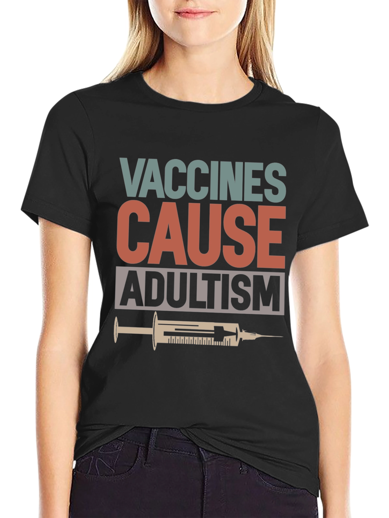 Black Vaccines Cause Adultism Graphic Tee view 2