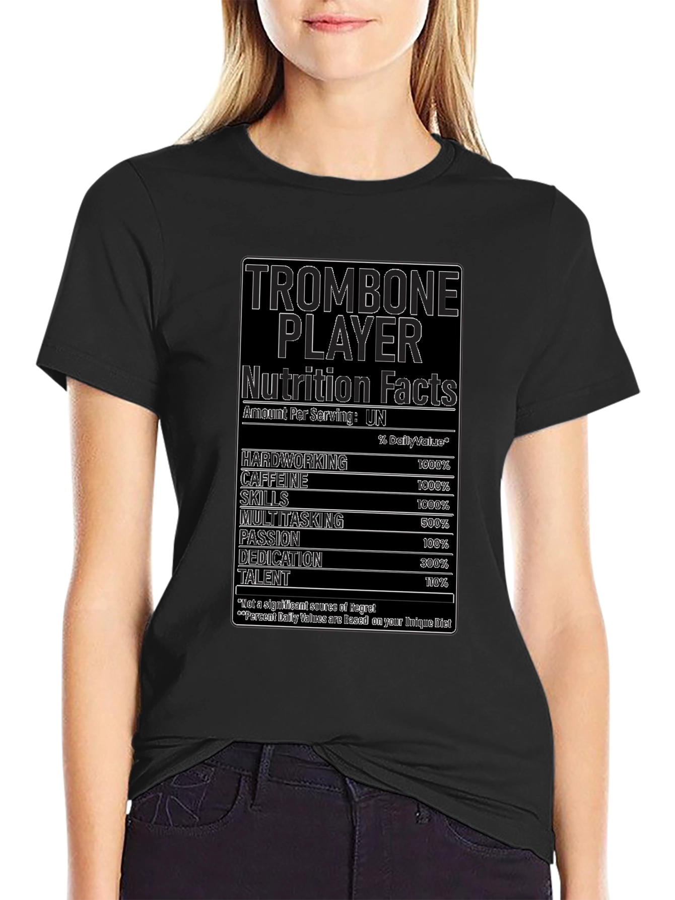 Black Trombone Player Nutrition Facts Black T-Shirt view 2