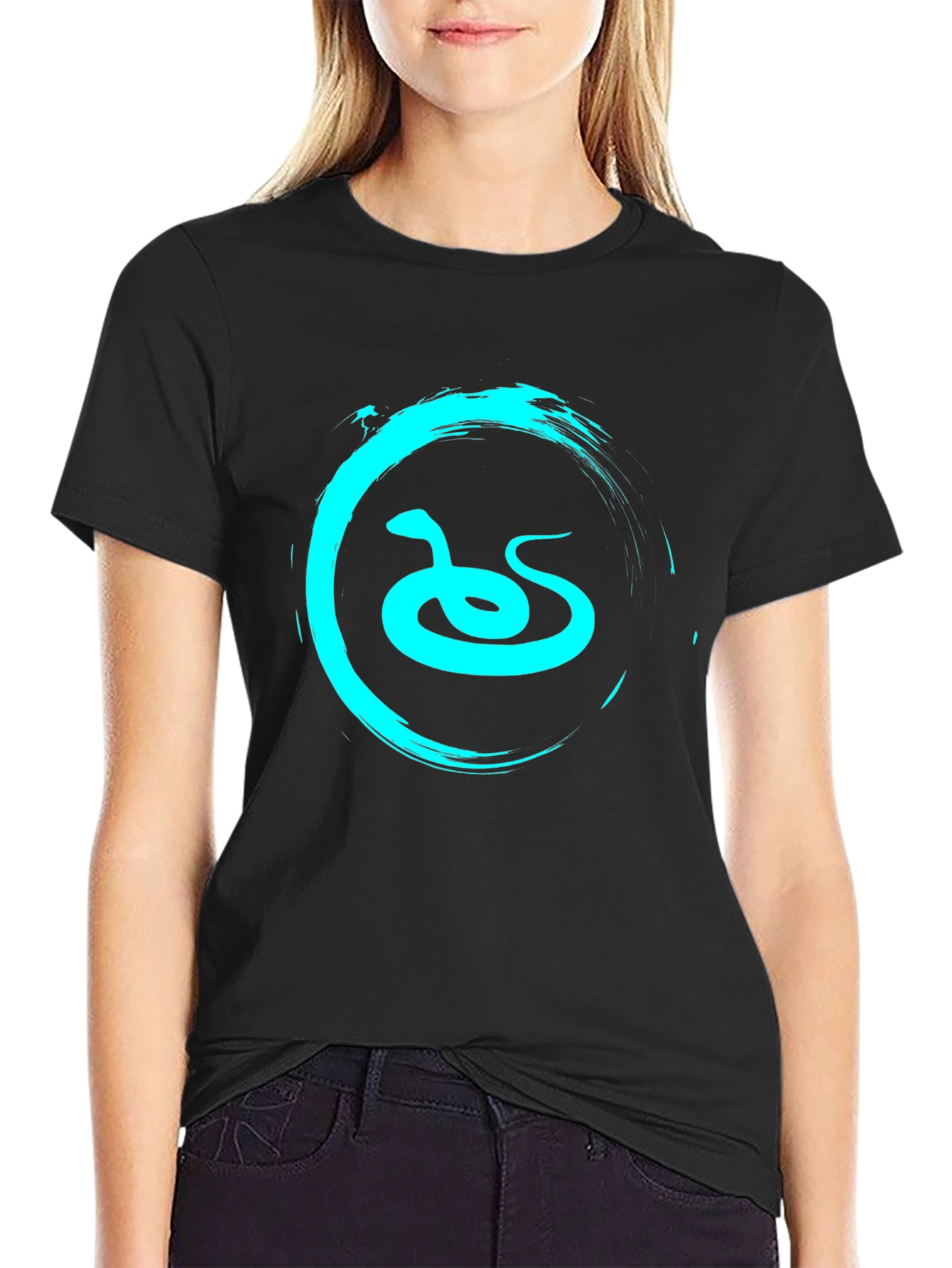 Black Men's Black T-Shirt with Teal Snake Graphic view 2