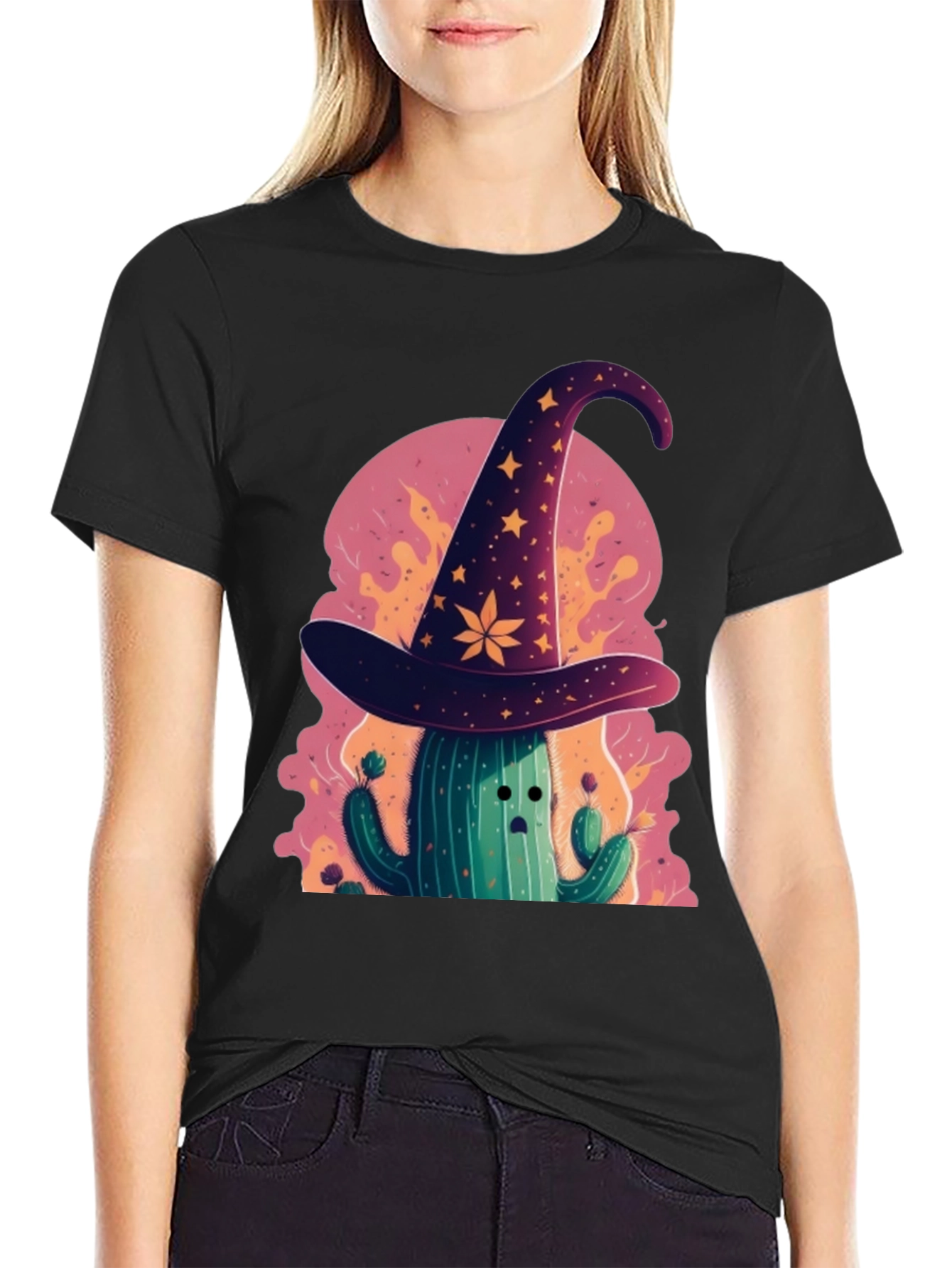 Black Whimsical Cactus Wizard Graphic Tee view 2