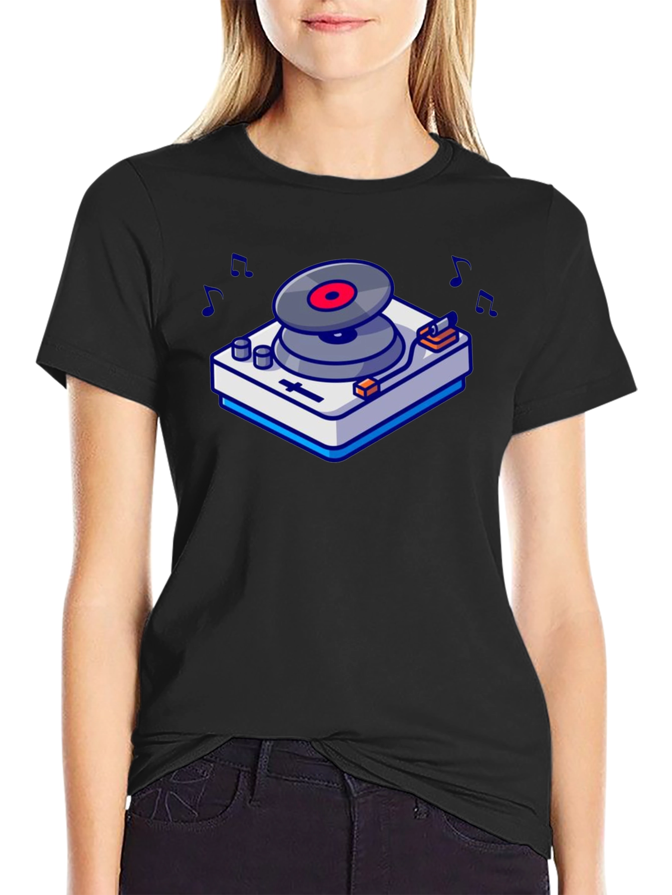 Black Retro Turntable Graphic T-Shirt - Music Lover's Tee view 2