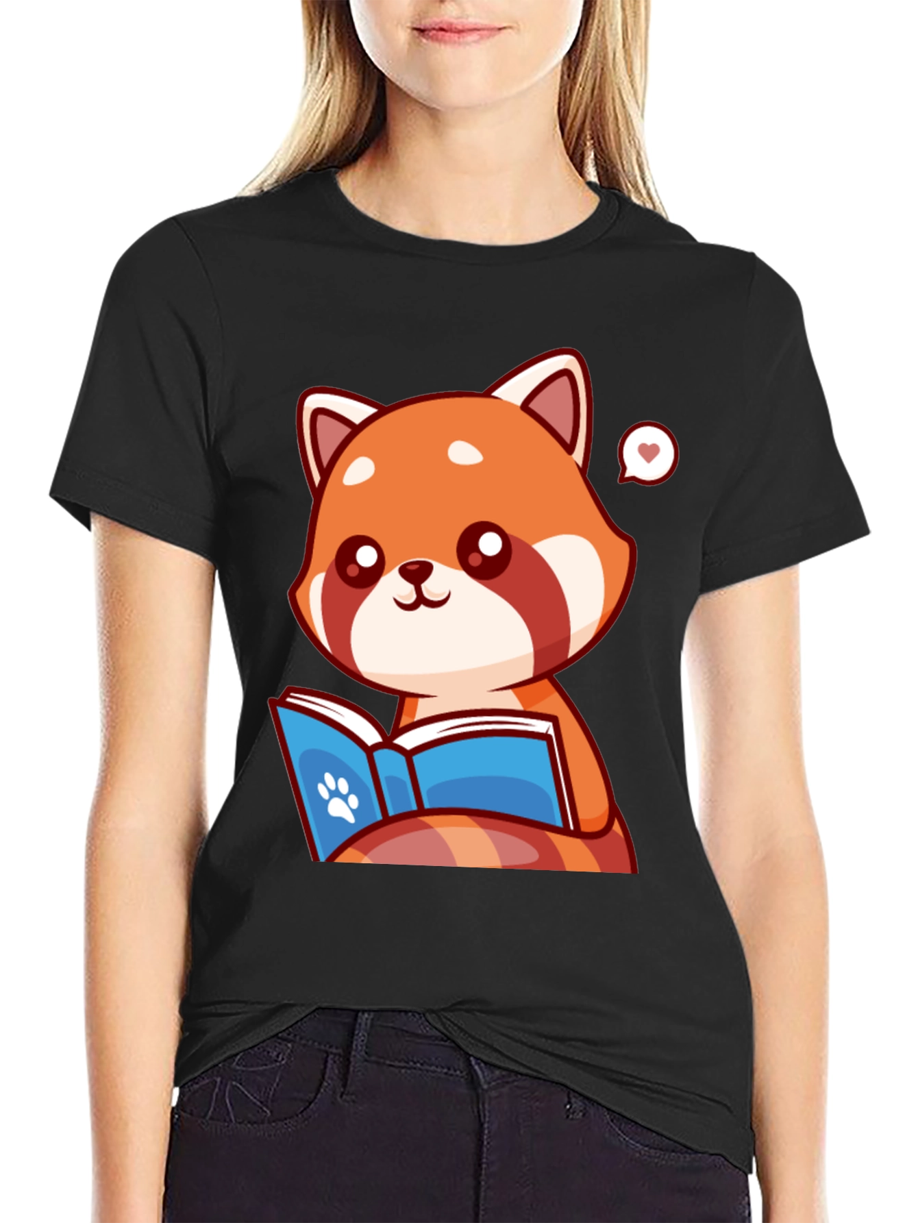 Black Cute Red Panda Reading Book Graphic Tee view 2