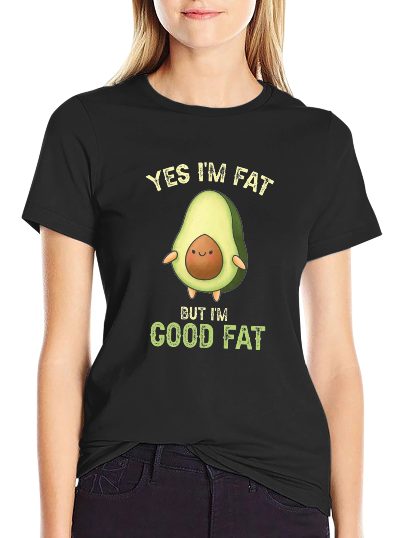 Black Funny Avocado T-Shirt - Yes I'm Fat Good Fat view 2
