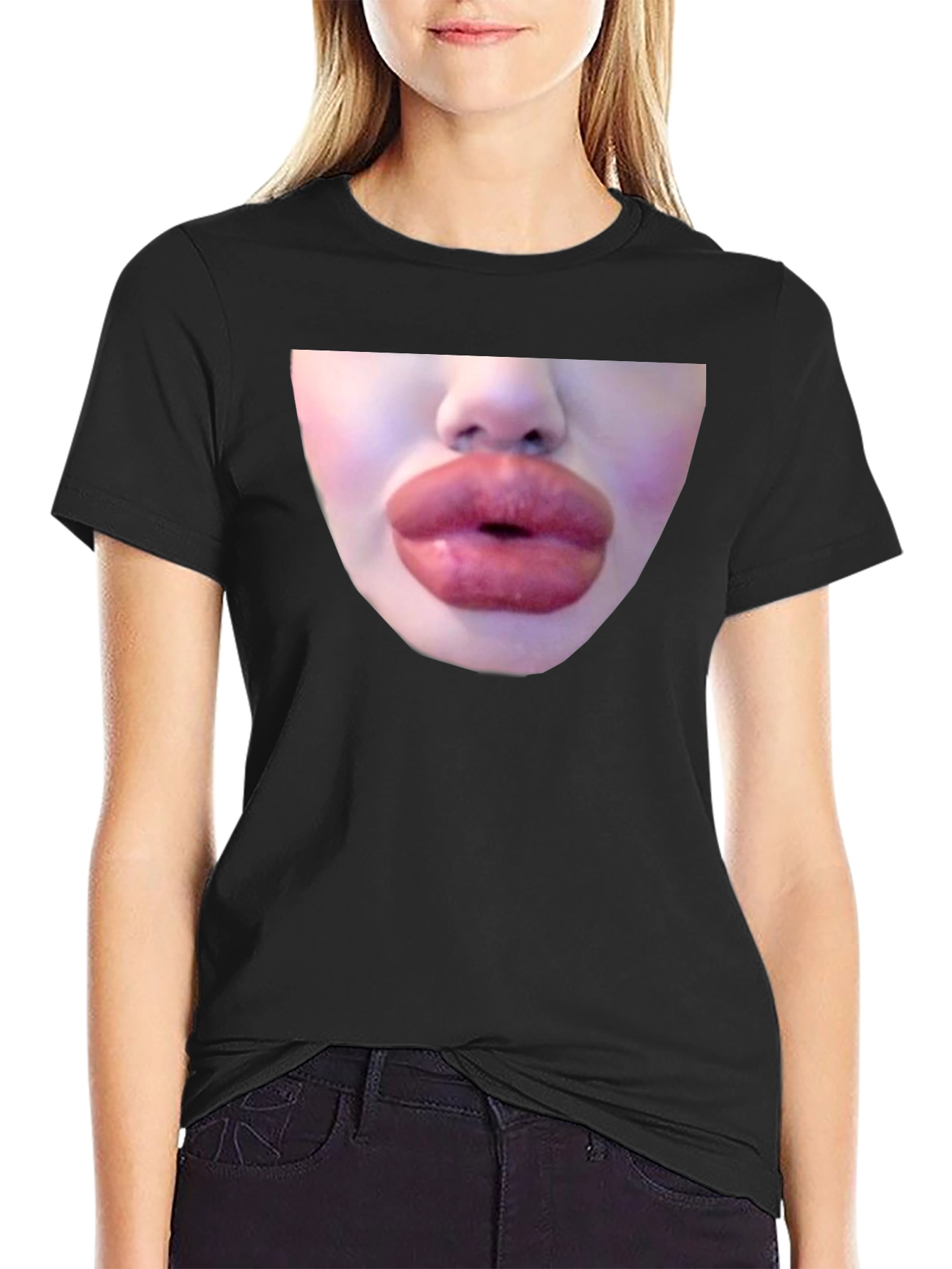 Black Statement Black Tee with Bold Lip Graphic view 2