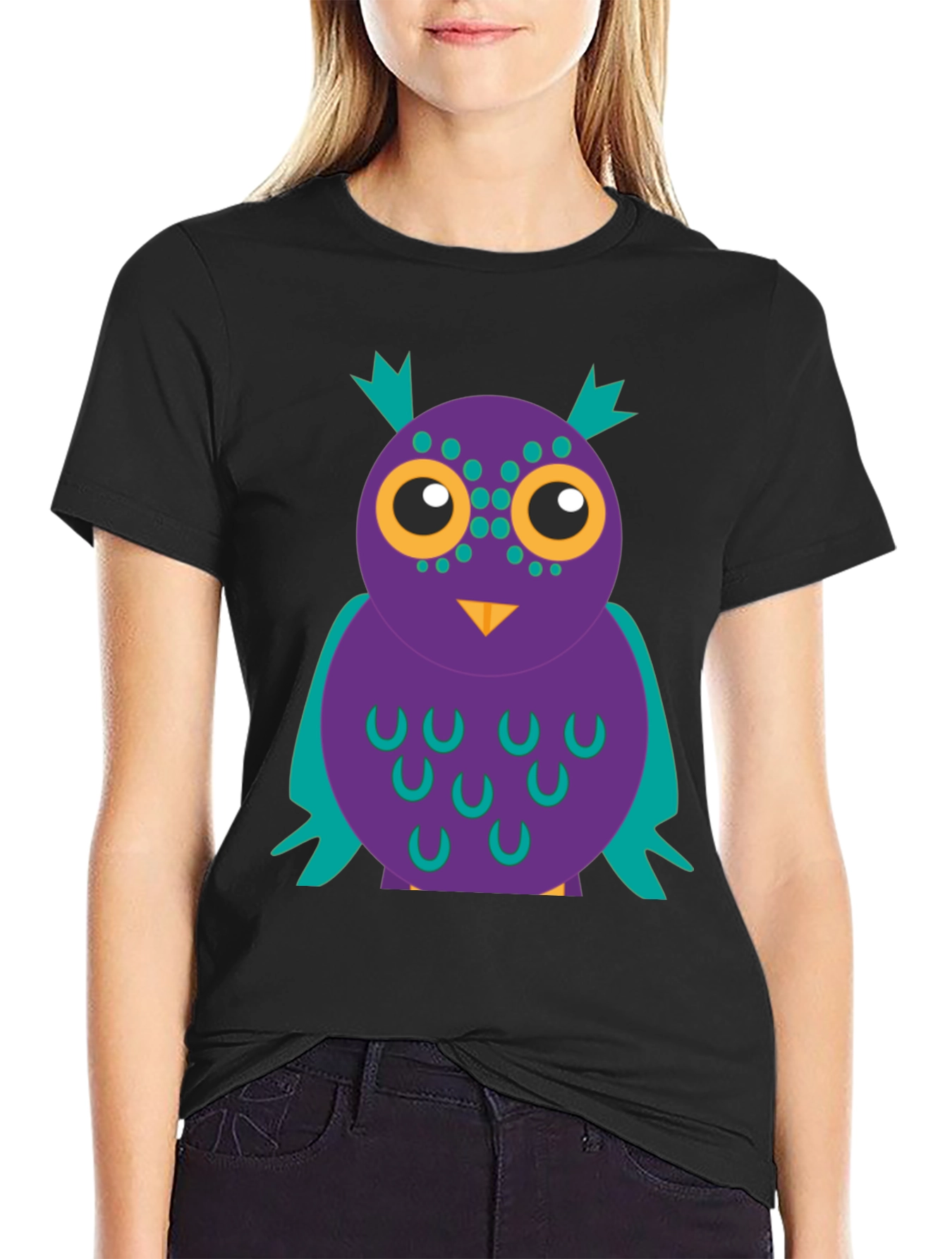 Black Funky Owl Graphic Tee - Black Cotton T-Shirt view 2
