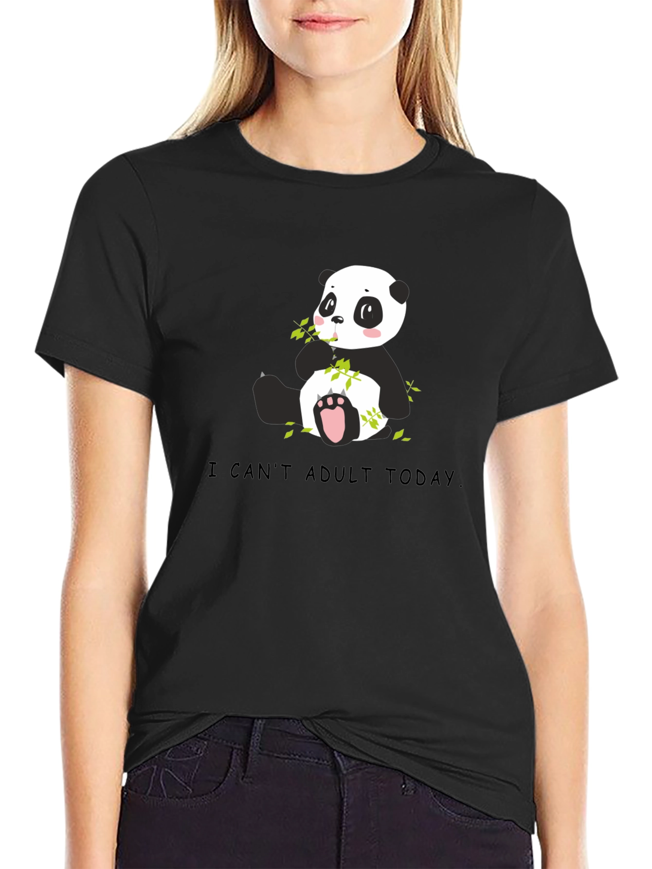Black Cute Panda T-Shirt - I Can't Adult Today Graphic Tee view 2