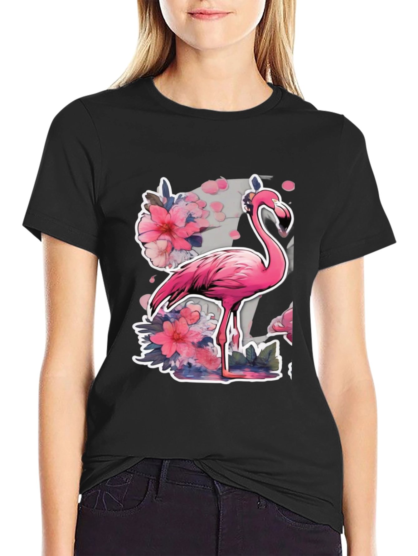 Black Stylish Flamingo Floral Graphic Tee - Black view 2