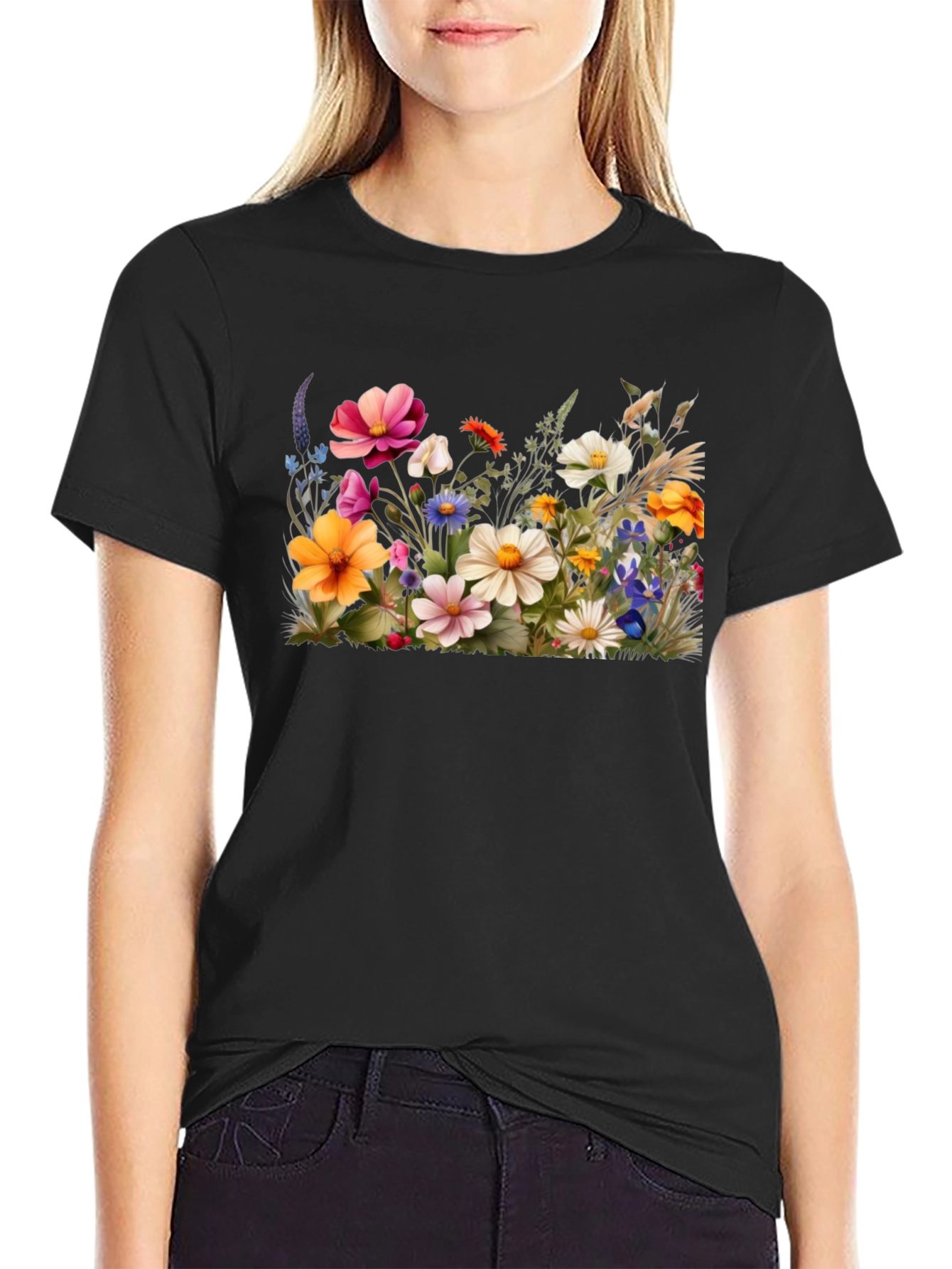 Black Floral Print Black T-Shirt view 2