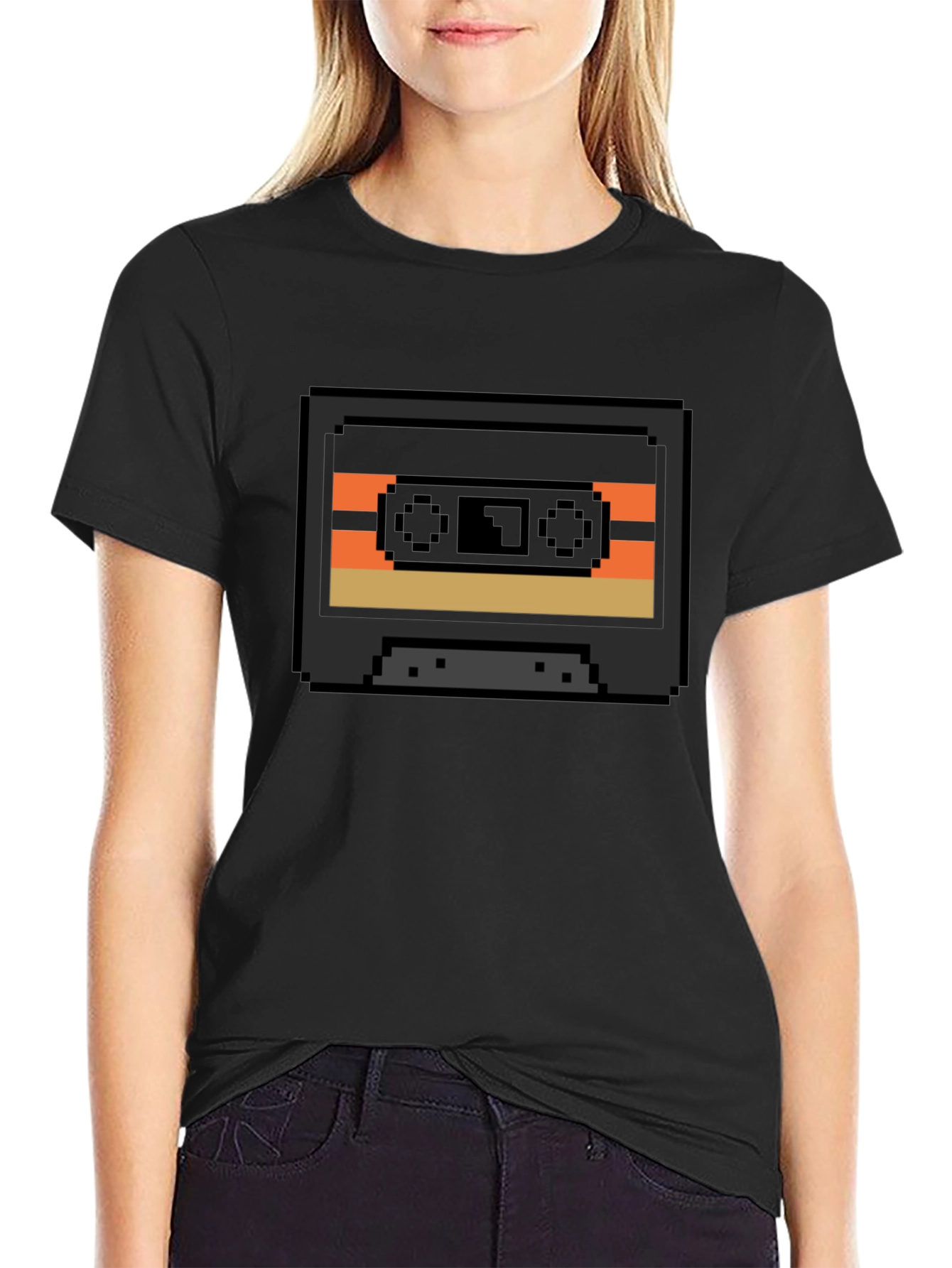 Black Retro Cassette Tape Pixel Art T-Shirt - Black view 2
