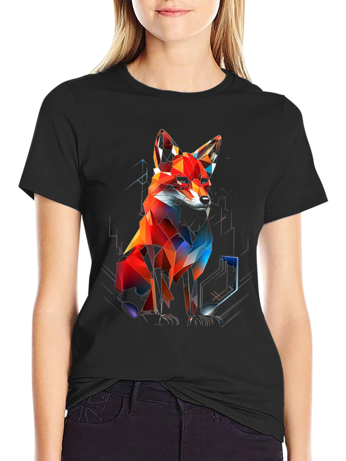 Black Geometric Fox Graphic Black T-Shirt view 2