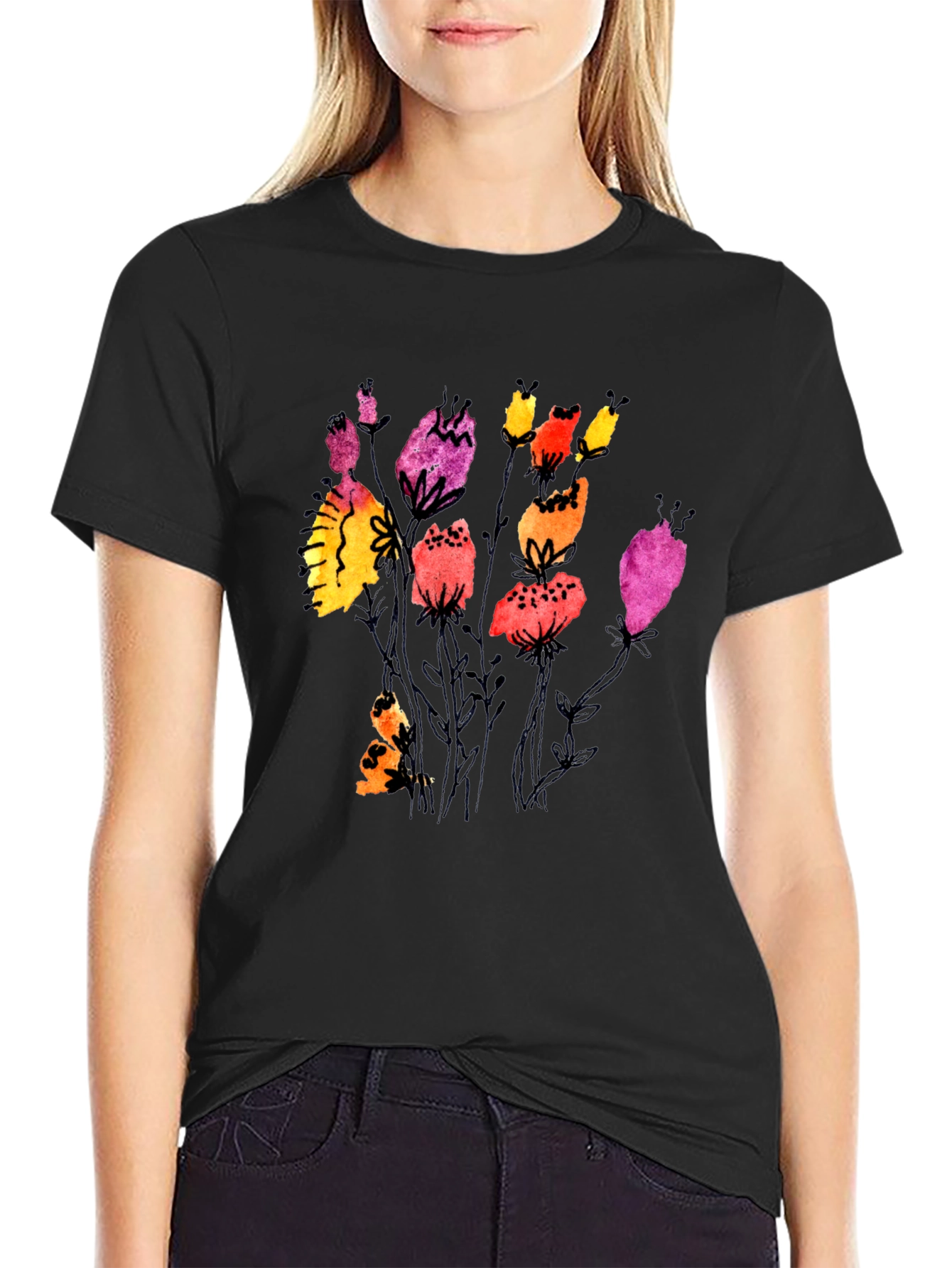 Black Floral Watercolor Print Black T-Shirt view 2