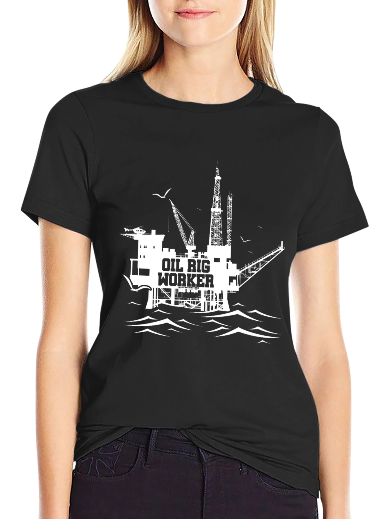 Black Oil Rig Worker Graphic T-Shirt - Black Cotton view 2