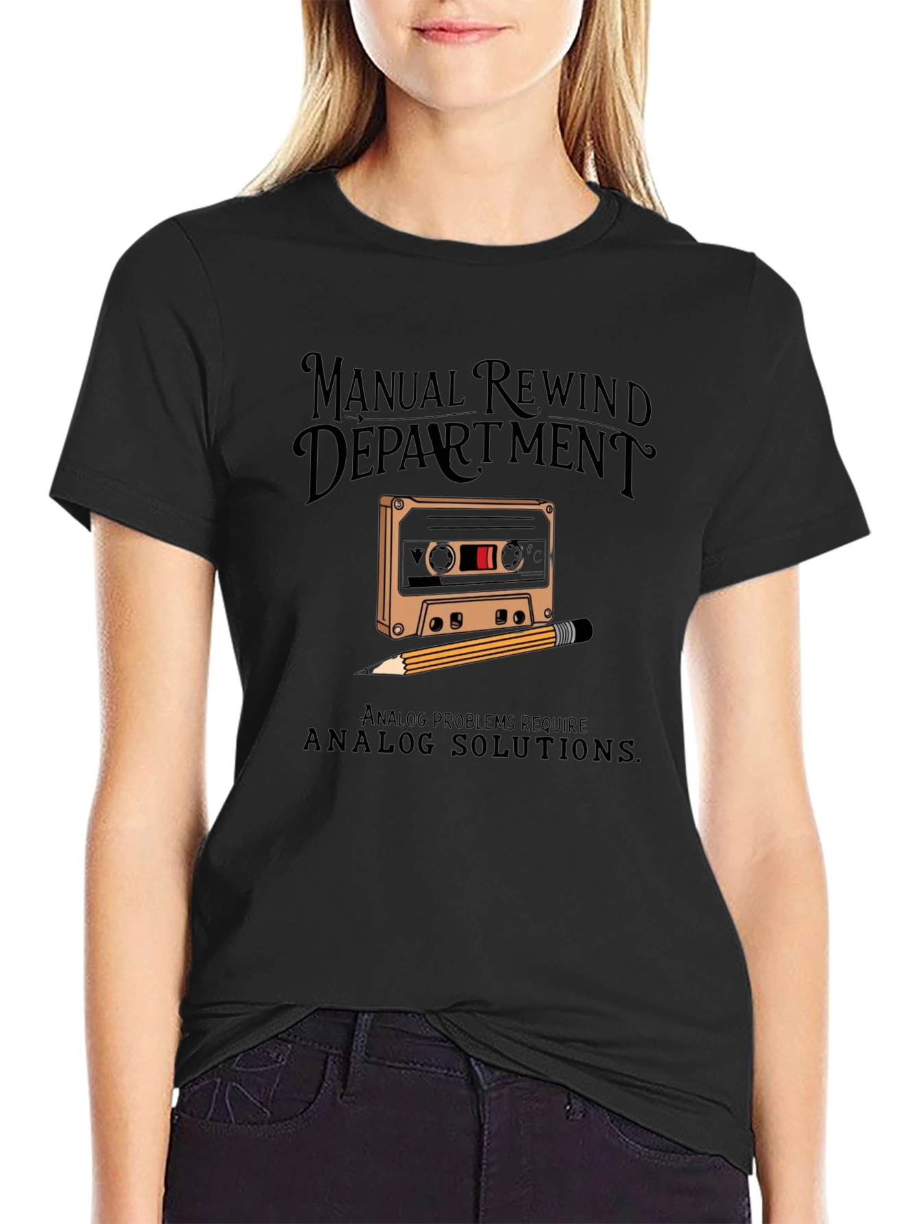 Black Manual Rewind Department Cassette Tape T-Shirt view 2