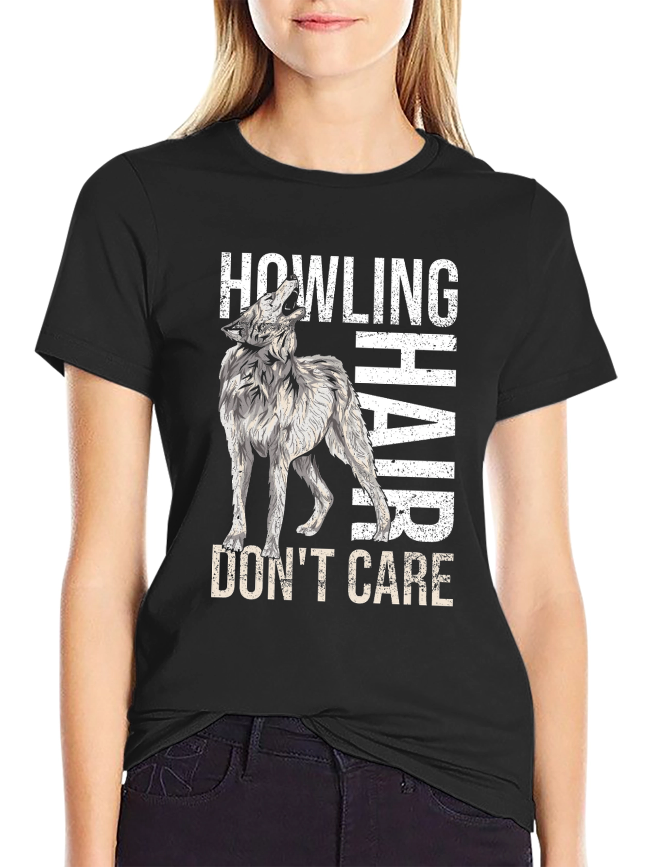 Black Howling Wolf Hair, Don't Care T-Shirt view 2