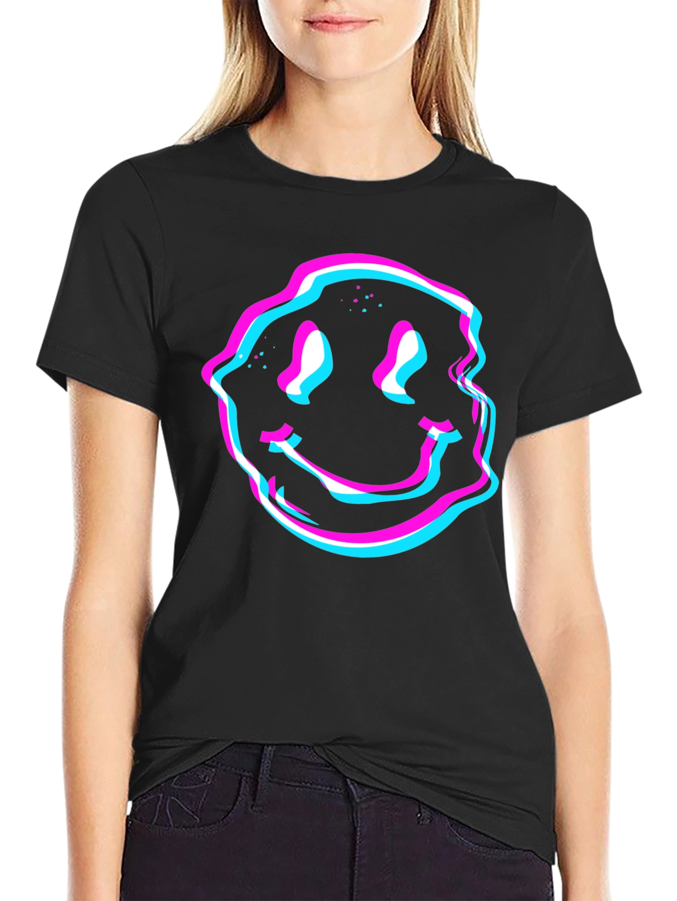 Black Glitch Smiley Face Graphic Tee - Black view 2