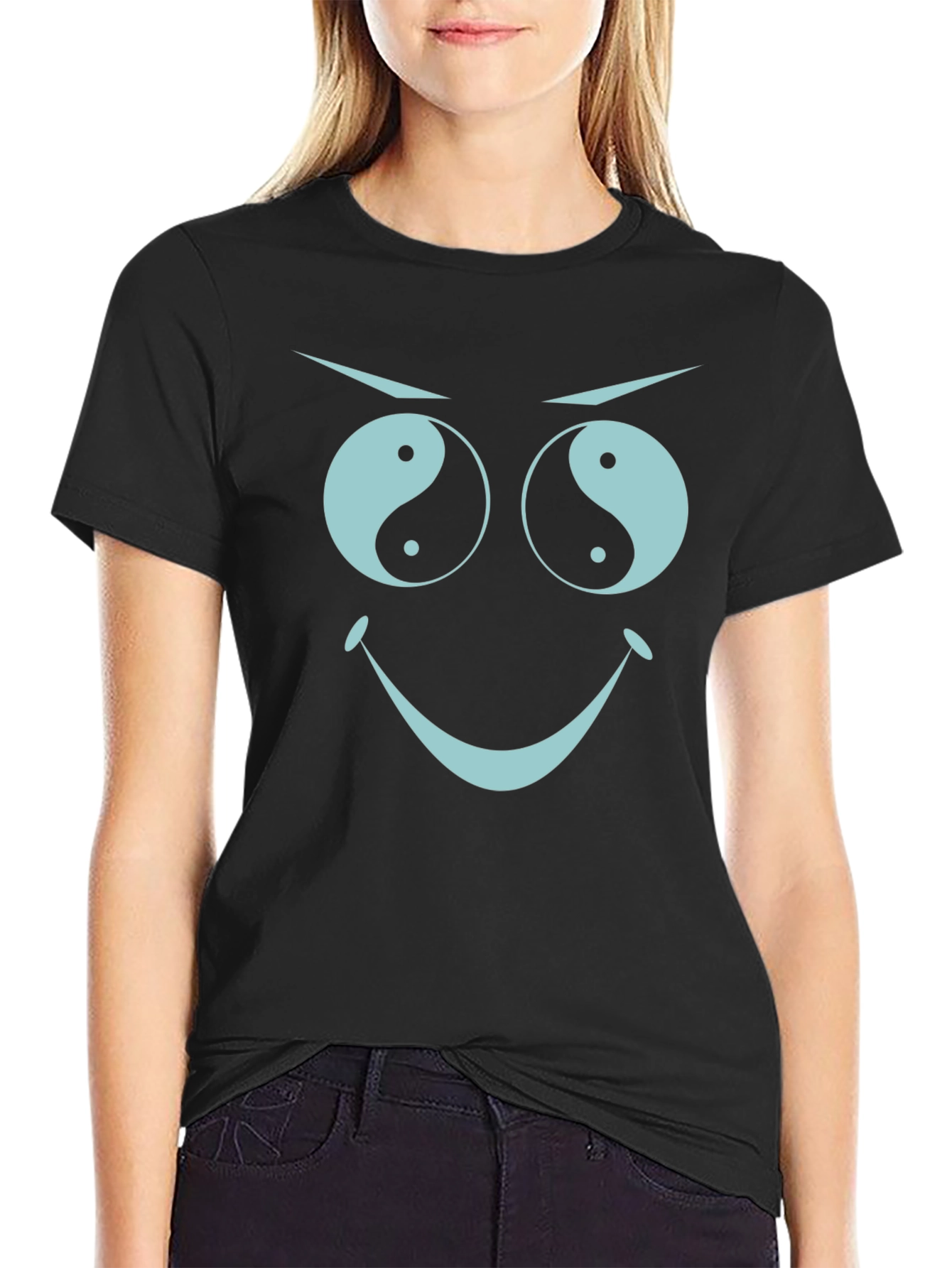 Black Yin Yang Eyes Graphic Tee - Funny Face Black T-Shirt view 2
