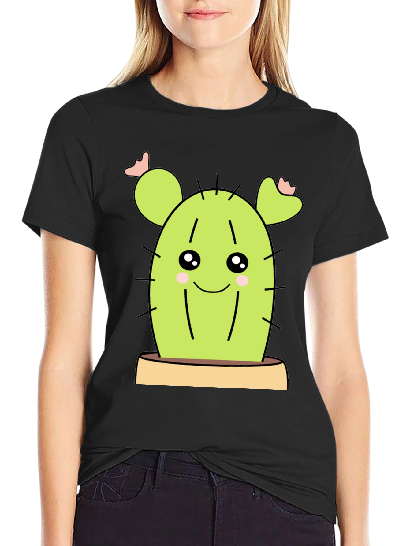 Black Cute Cactus Graphic Tee - Black Cotton Shirt view 2