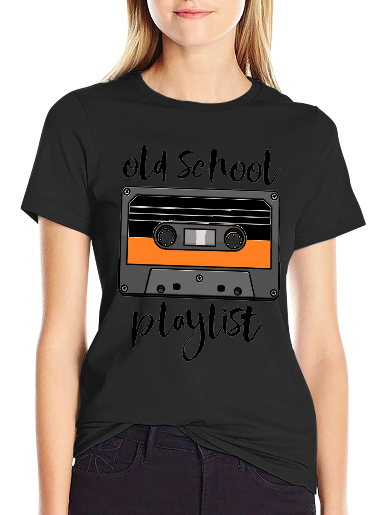Black Old School Playlist Tee - Retro Cassette Graphic T-Shirt view 2